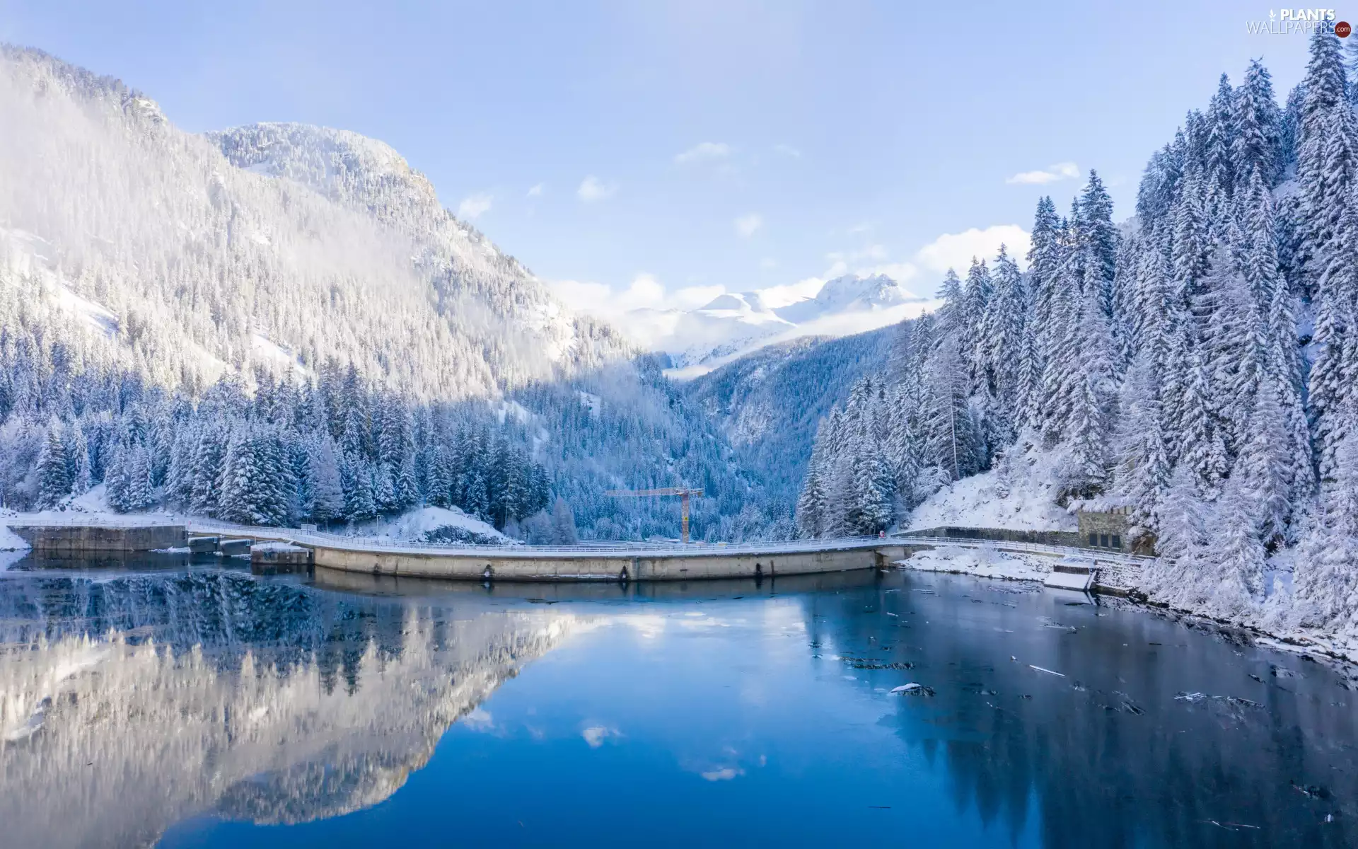 snow, winter, Mountains, woods, Water Reservoir, reflection, trees, viewes, Snowy
