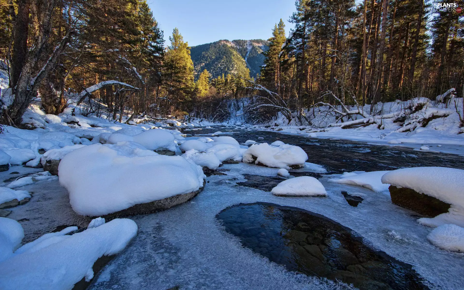 snow, winter, Mountains, forest, Icecream, Stones, viewes, River, trees