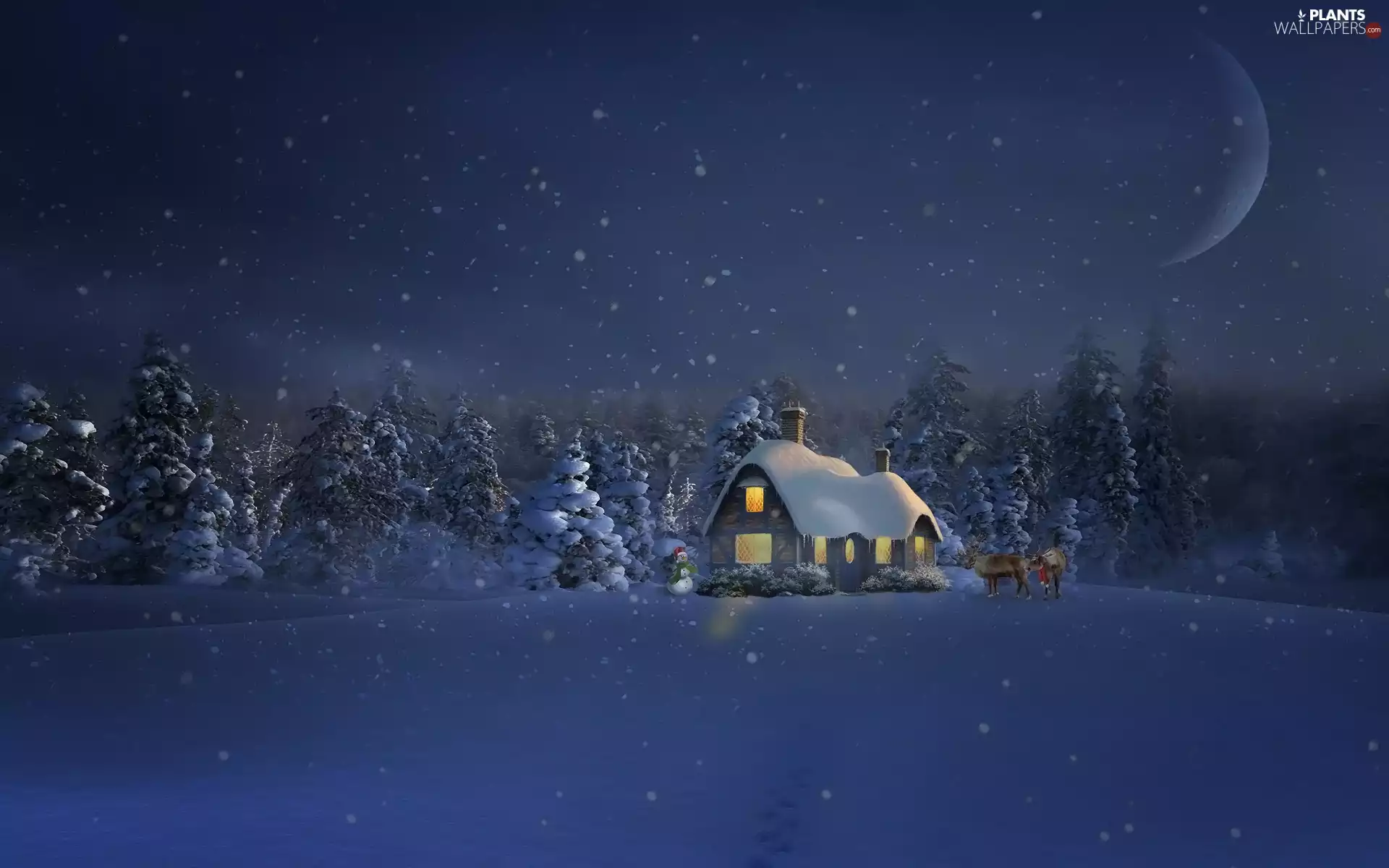 reindeer, house, viewes, Snowman, winter, trees, 2D
