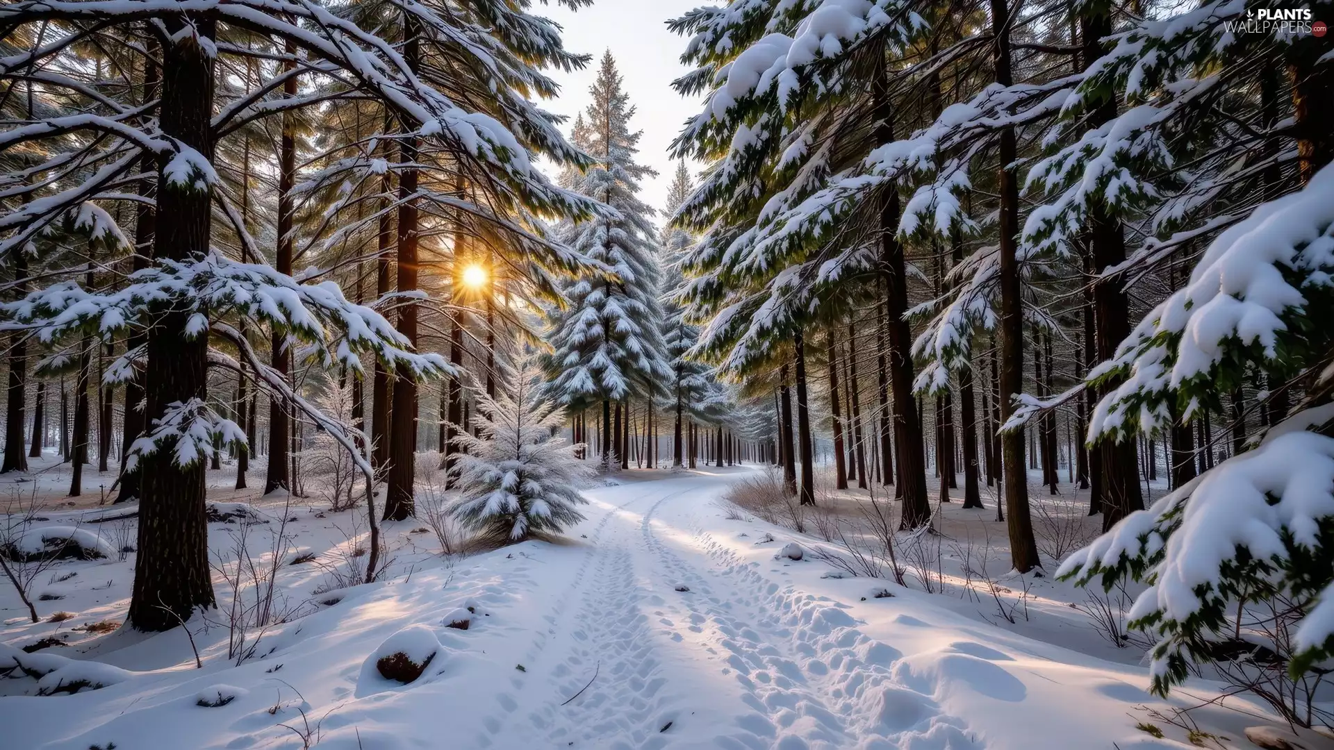 Snowy, trees, sun, viewes, Way, forest, winter, snowy
