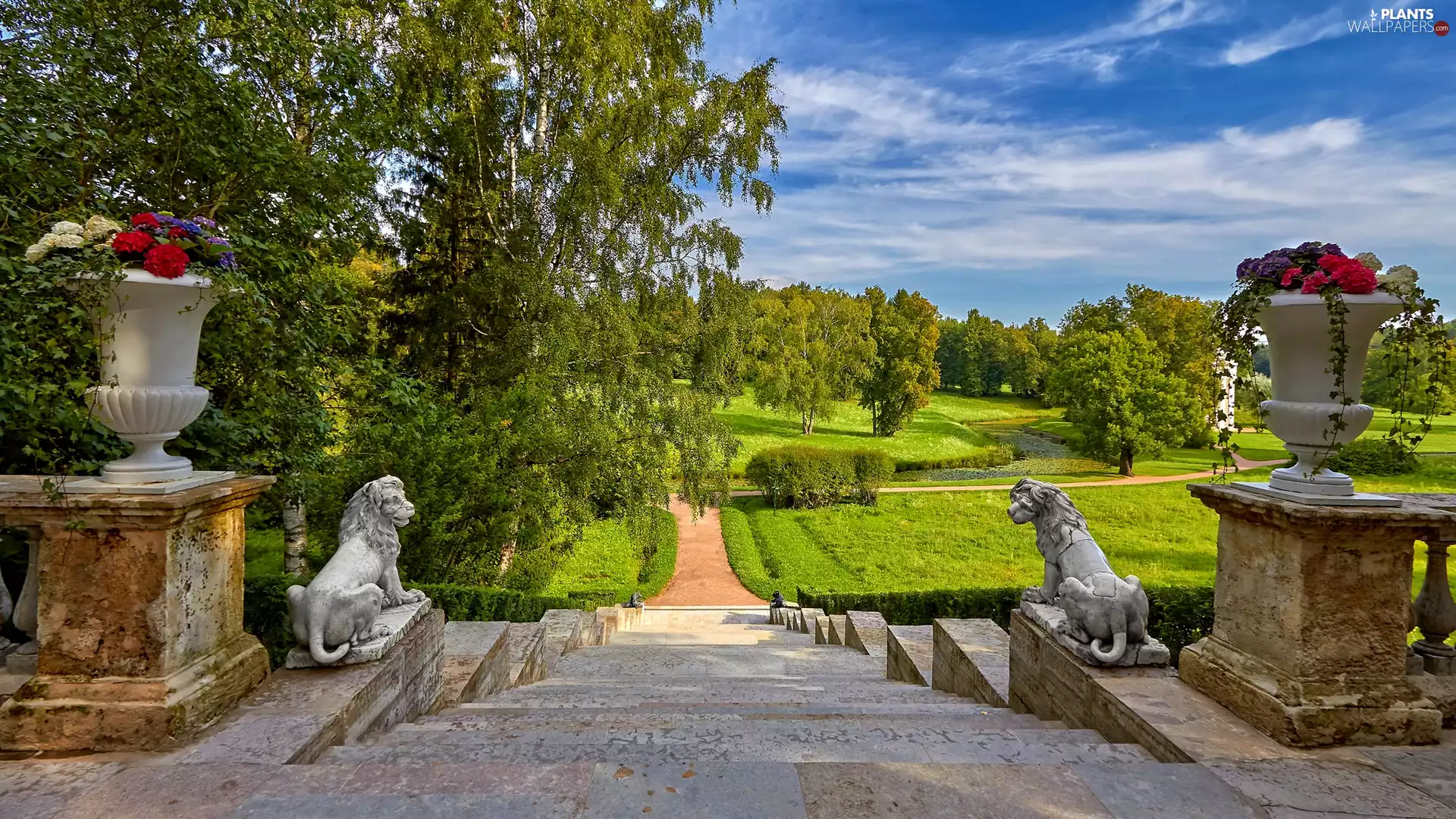 St. Petersburg, Russia, Pawlowski, Park, trees, viewes, lions, pots, Stairs