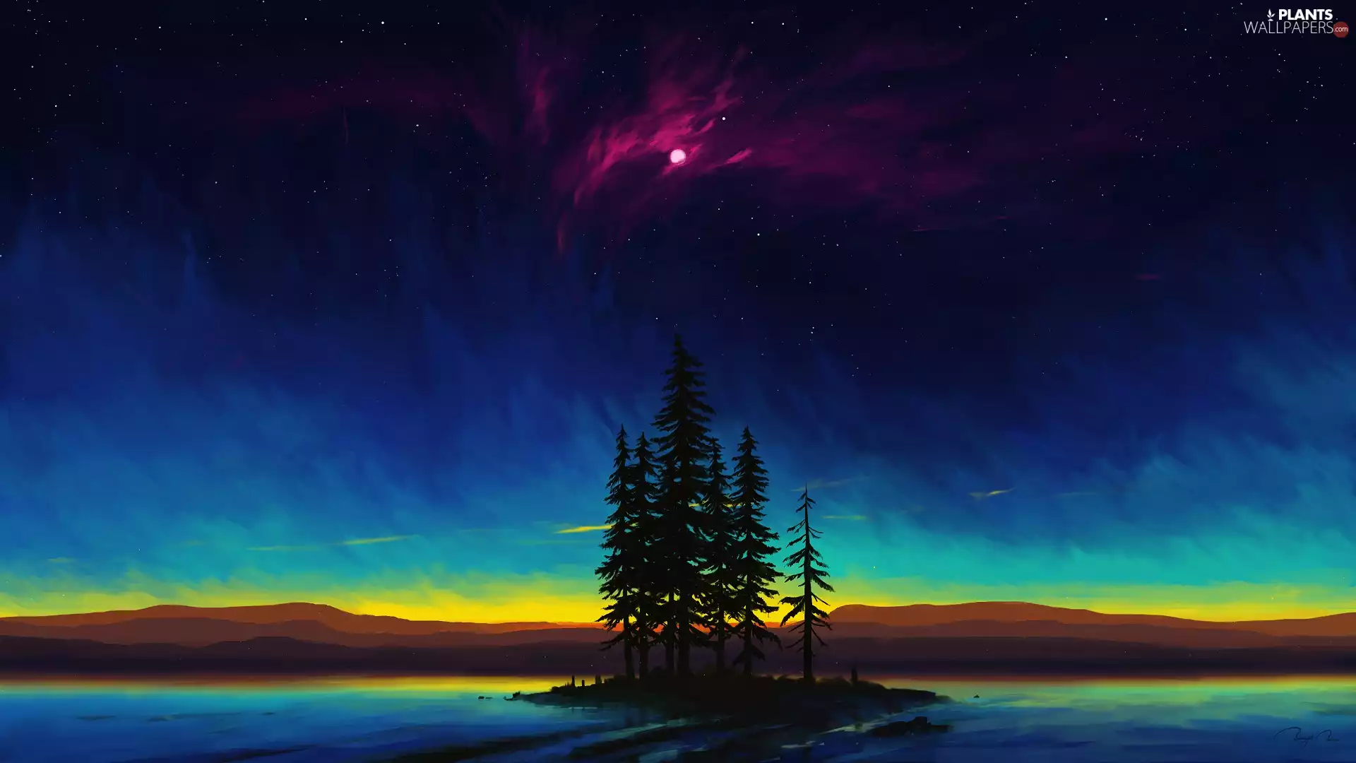 trees, viewes, graphics, Sky, moon, lake, Island, star