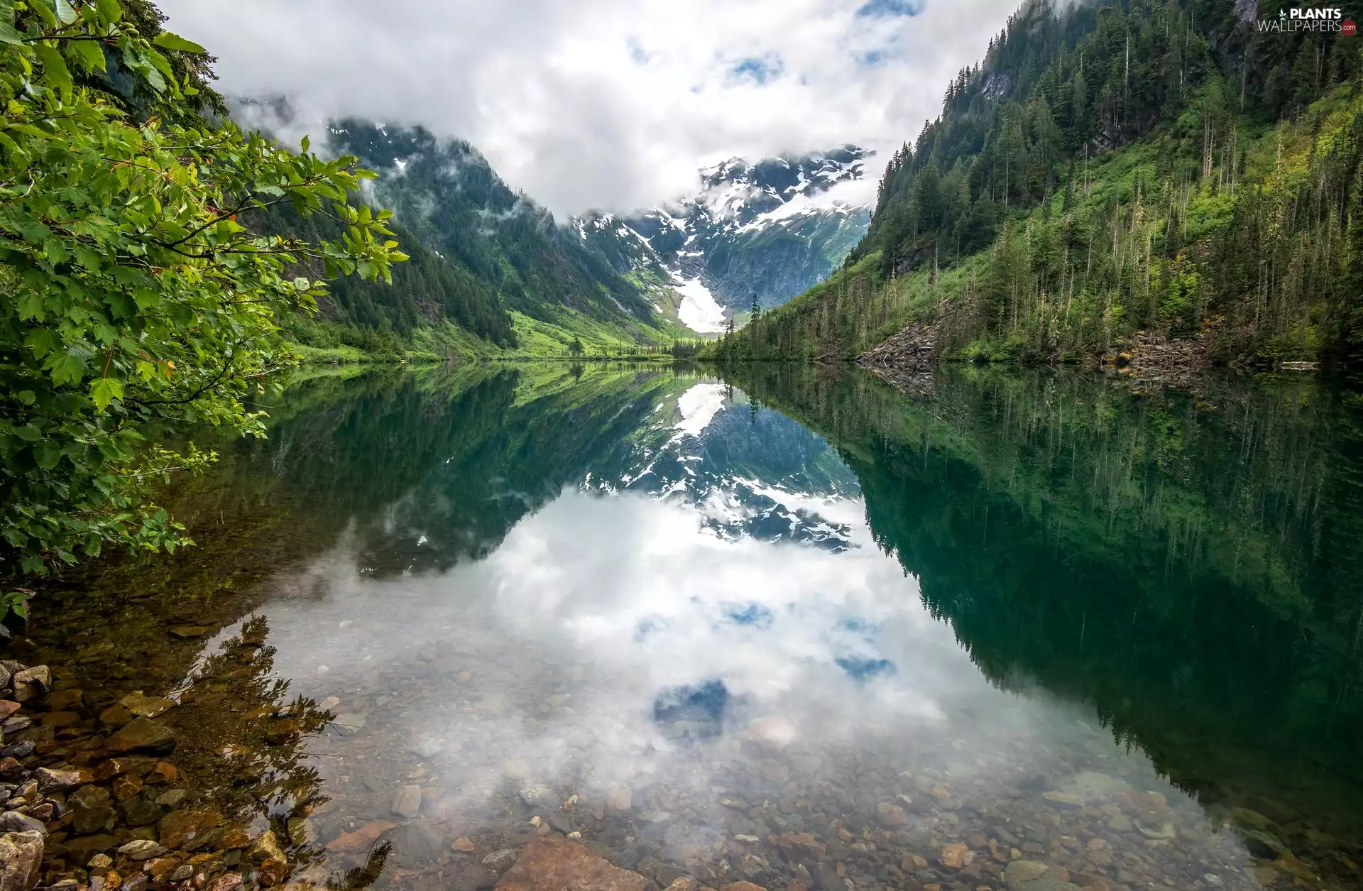 Goat Lake, Mountains, trees, viewes, Washington State, The United States, Stones, North Cascades National Park, reflection