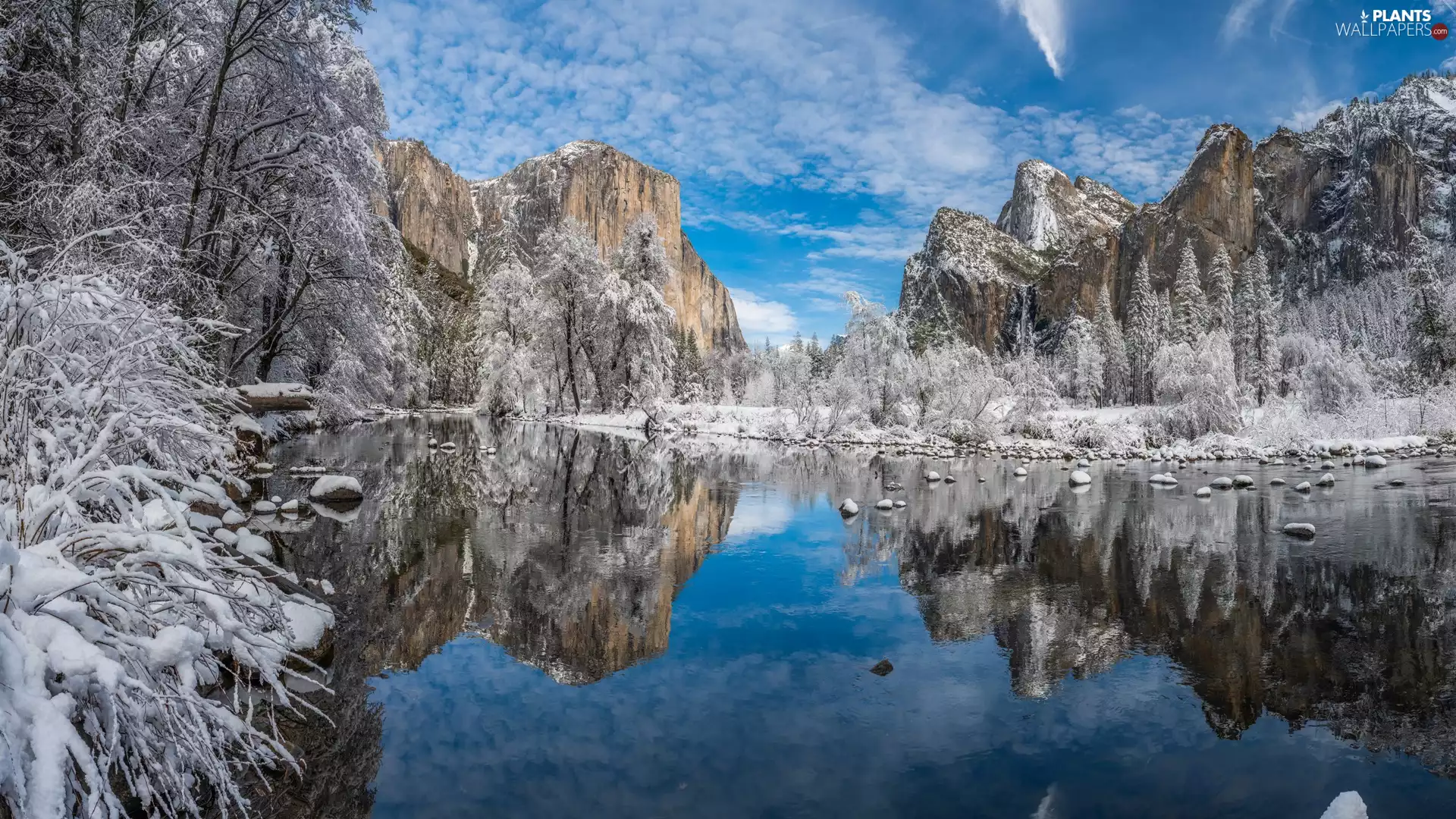 State of California, The United States, Yosemite National Park, winter, Sierra Nevada Mountains, clouds, trees, viewes, Merced River
