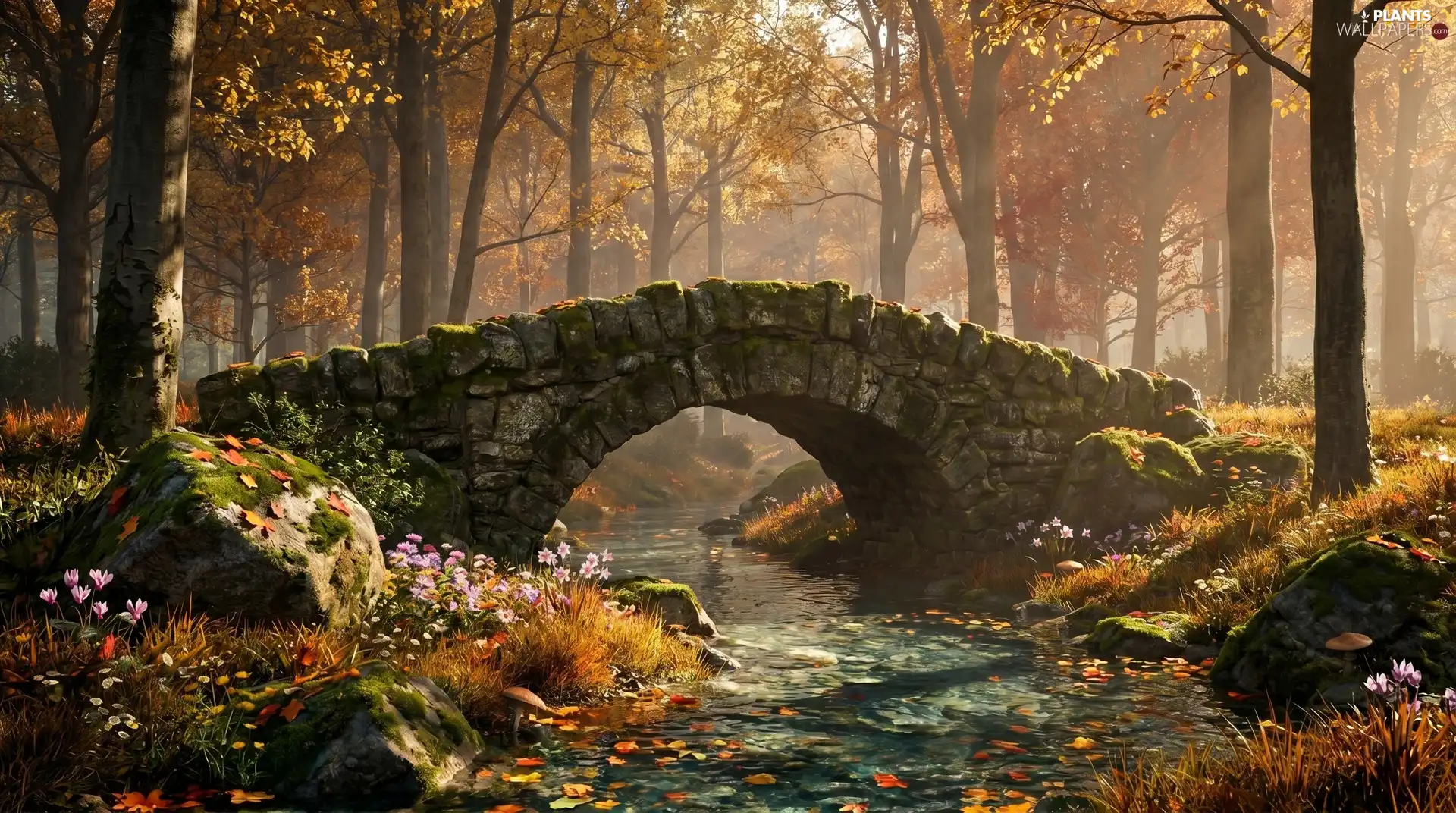 trees, viewes, stream, Flowers, bridges, forest, autumn, stone