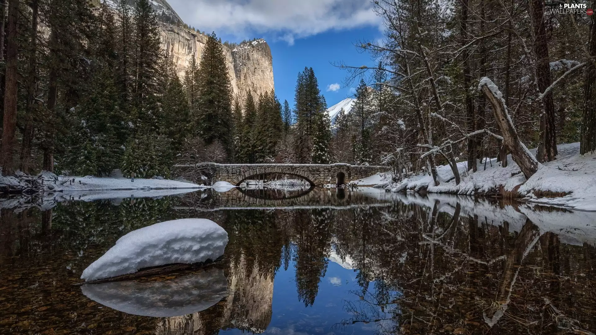 stone, River, bridge, Mountains, viewes, reflection, winter, trees, snow