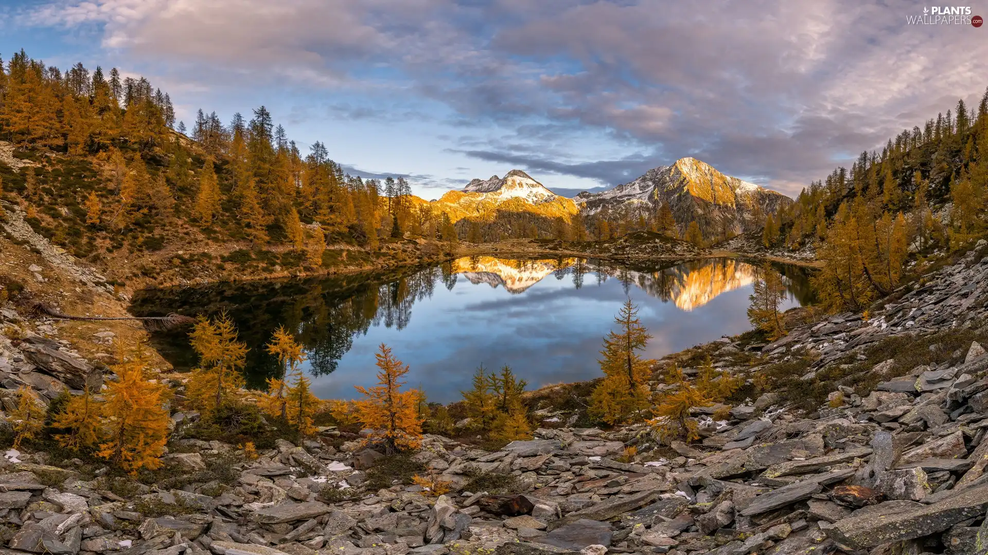 trees, lake, autumn, Stones, Mountains, viewes, clouds