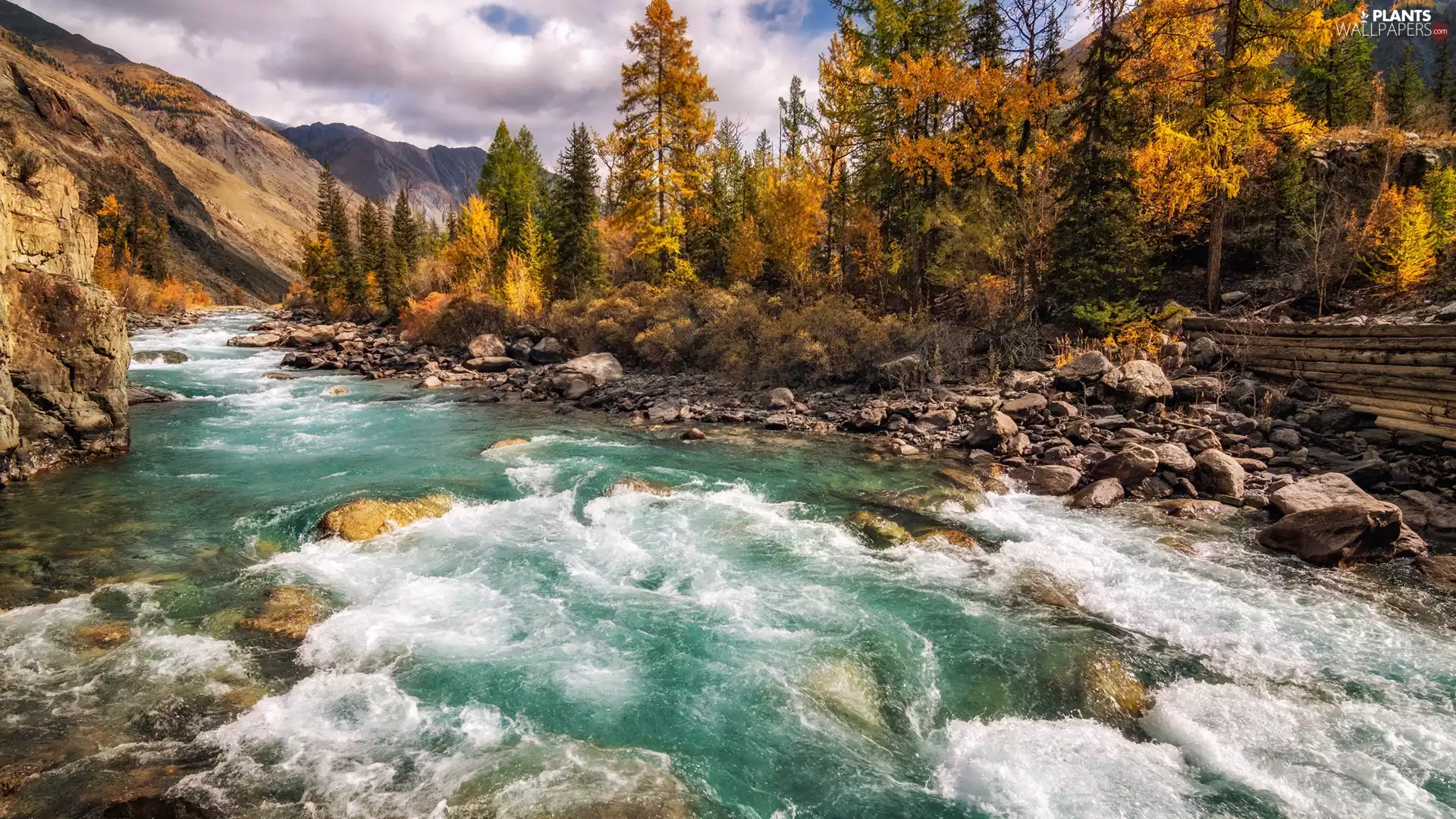 trees, River, autumn, Stones, Mountains, viewes, clouds