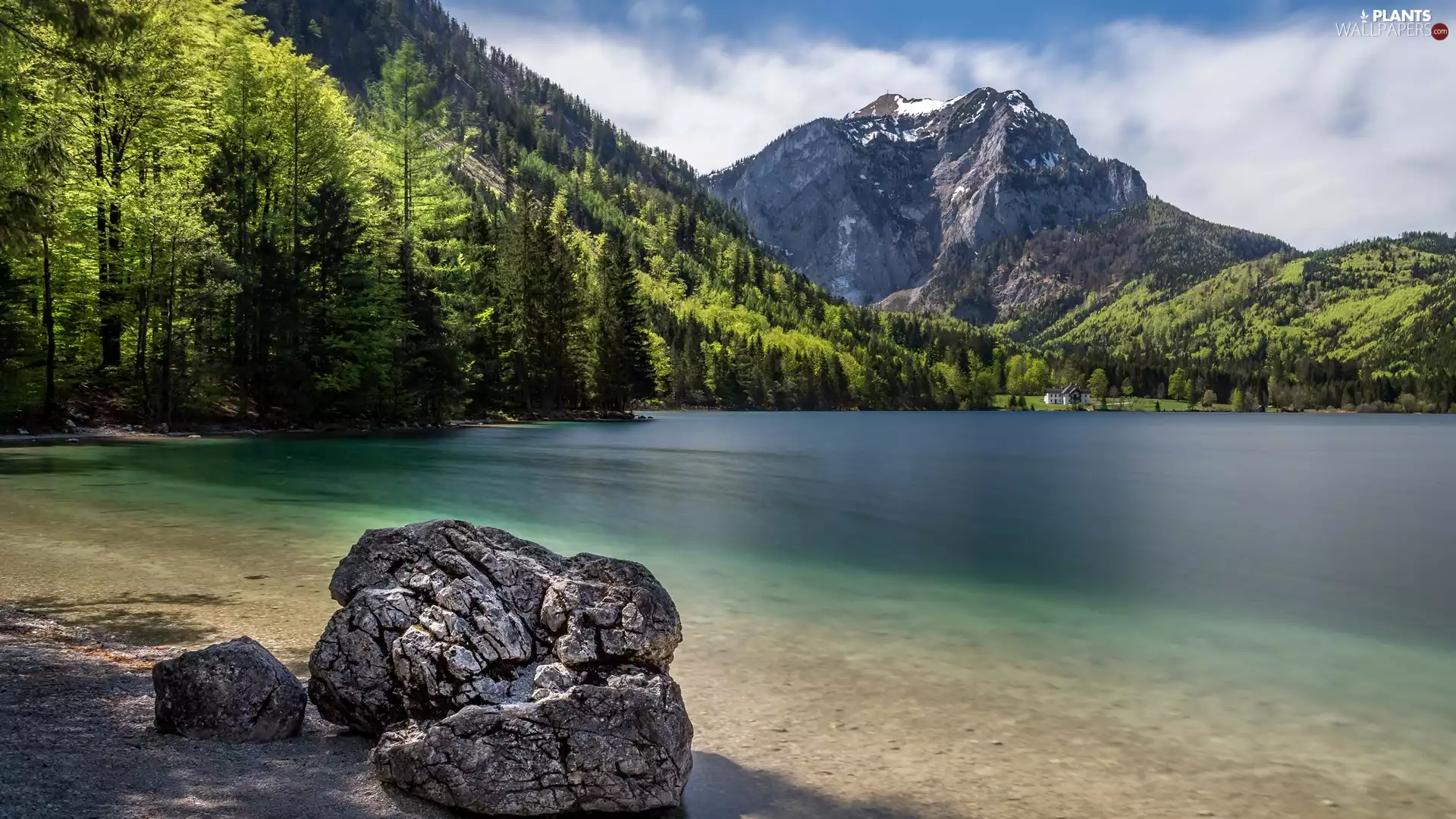 trees, lake, forest, Stones, Mountains, viewes, clouds