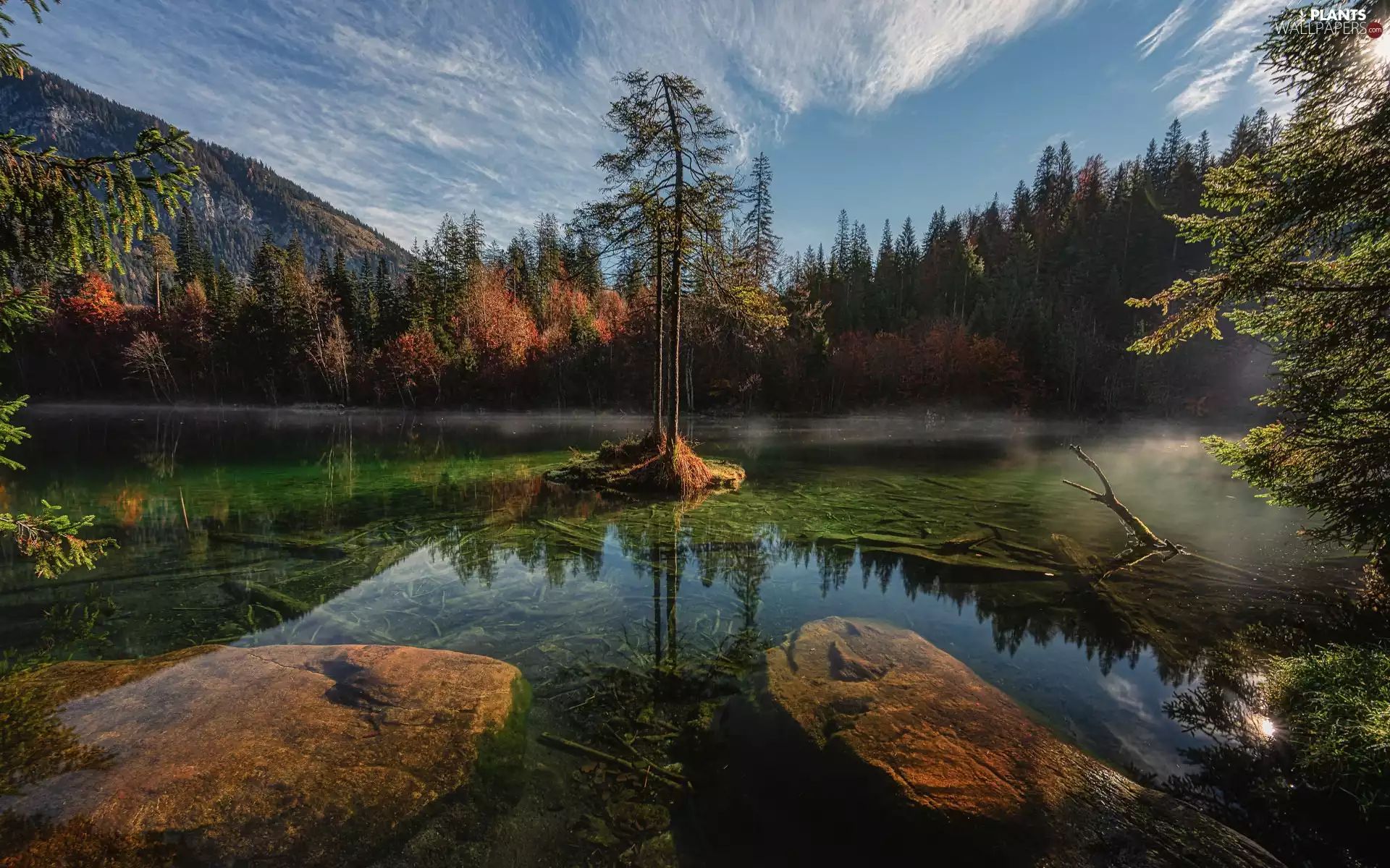 Stones, lake, Islet, trees, autumn, morning, forest, Mountains, viewes