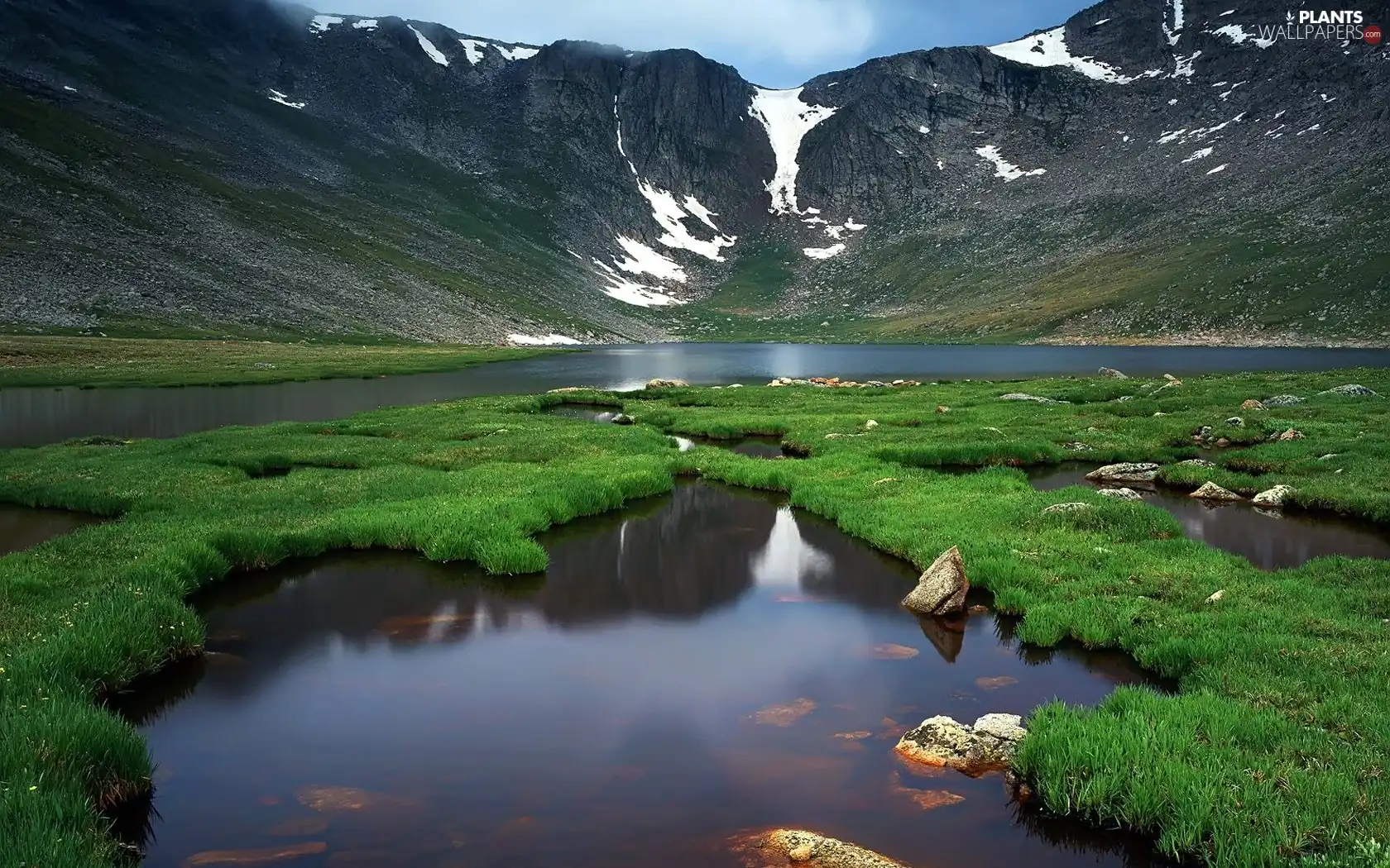 Stones, grass, snow, lake, Mountains