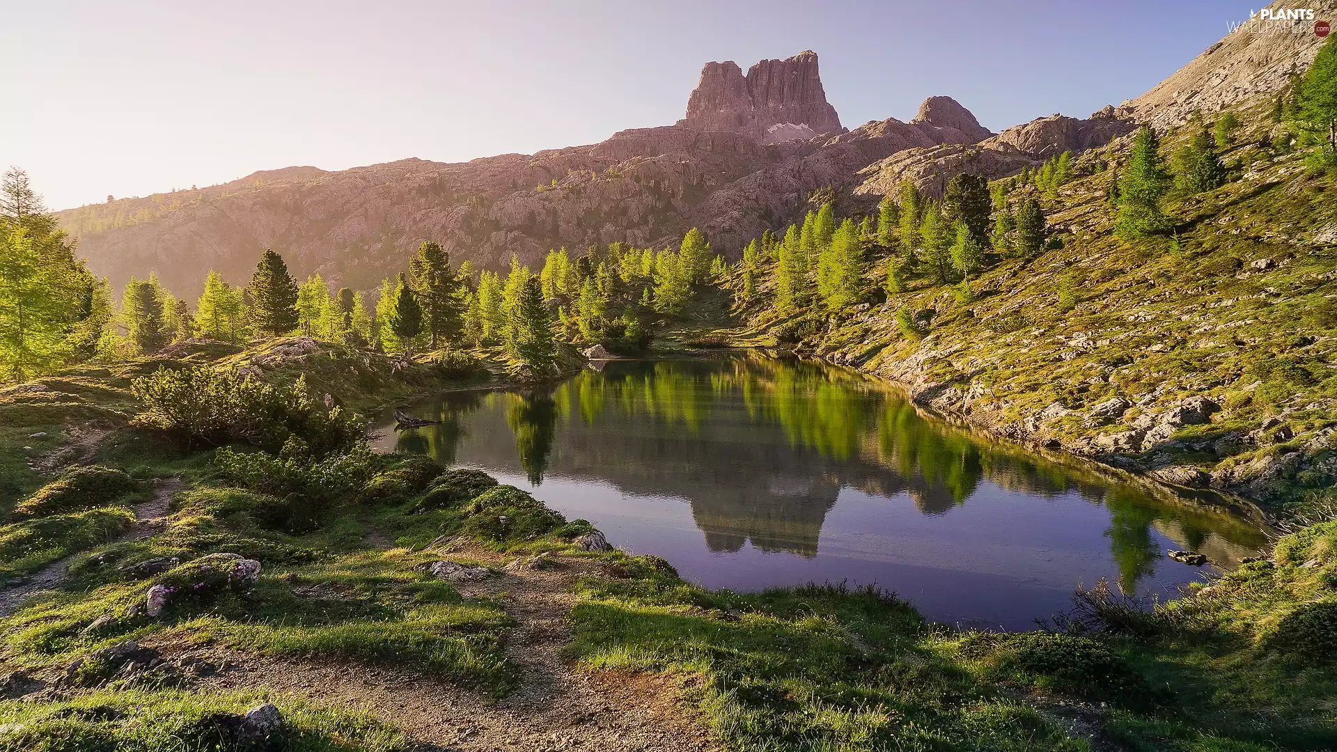 trees, viewes, Italy, rocks, Dolomites, lake, Mountains, Stones