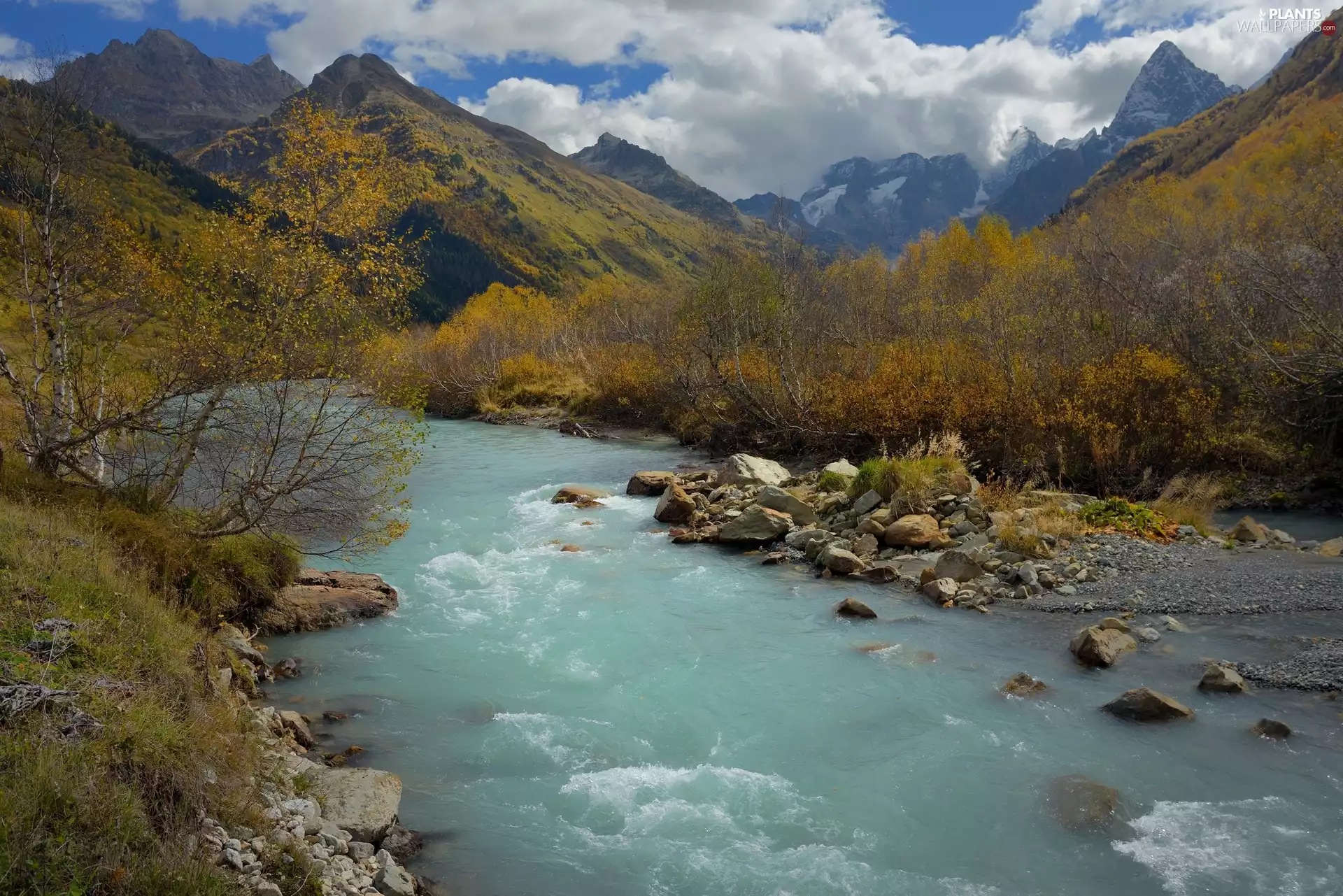 trees, autumn, River, Stones, viewes, Mountains