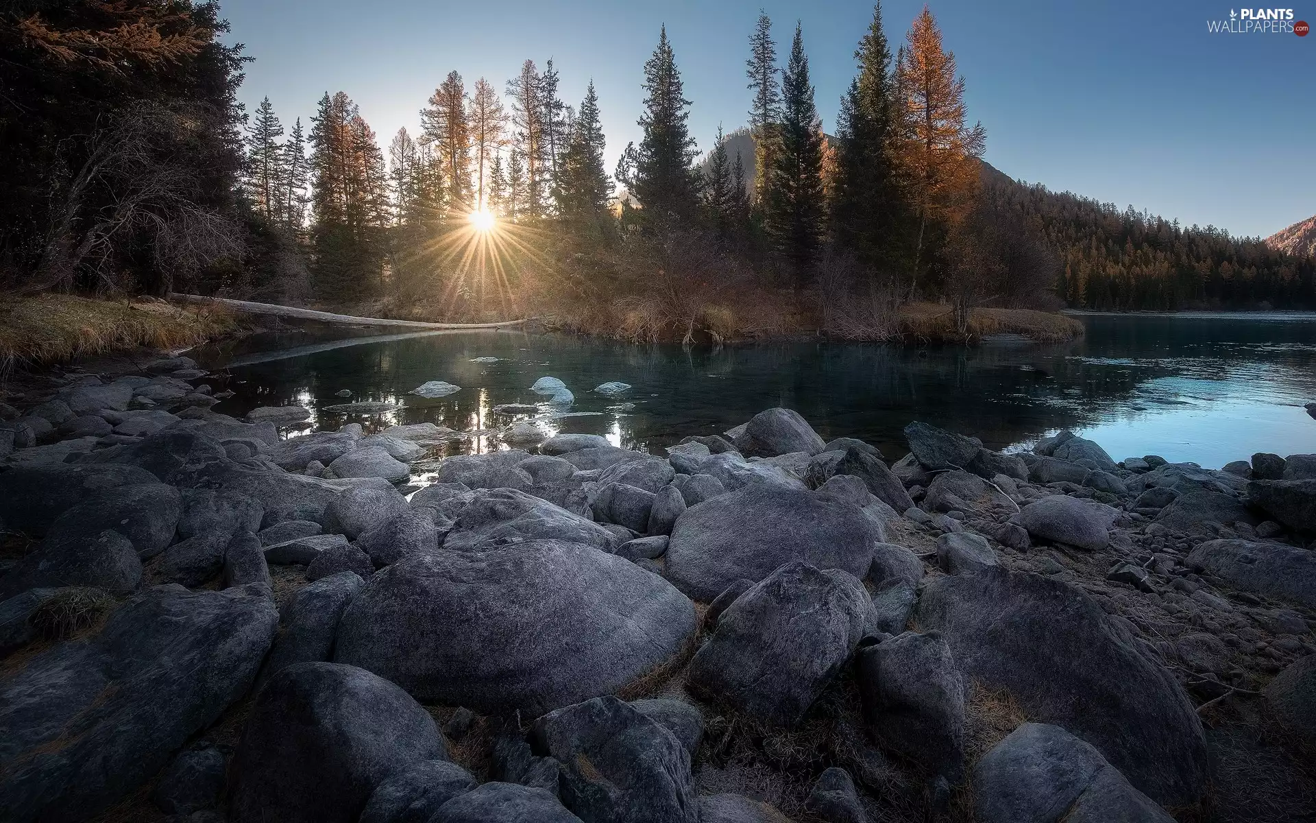 Stones, lake, trees, viewes, rays of the Sun, mountains