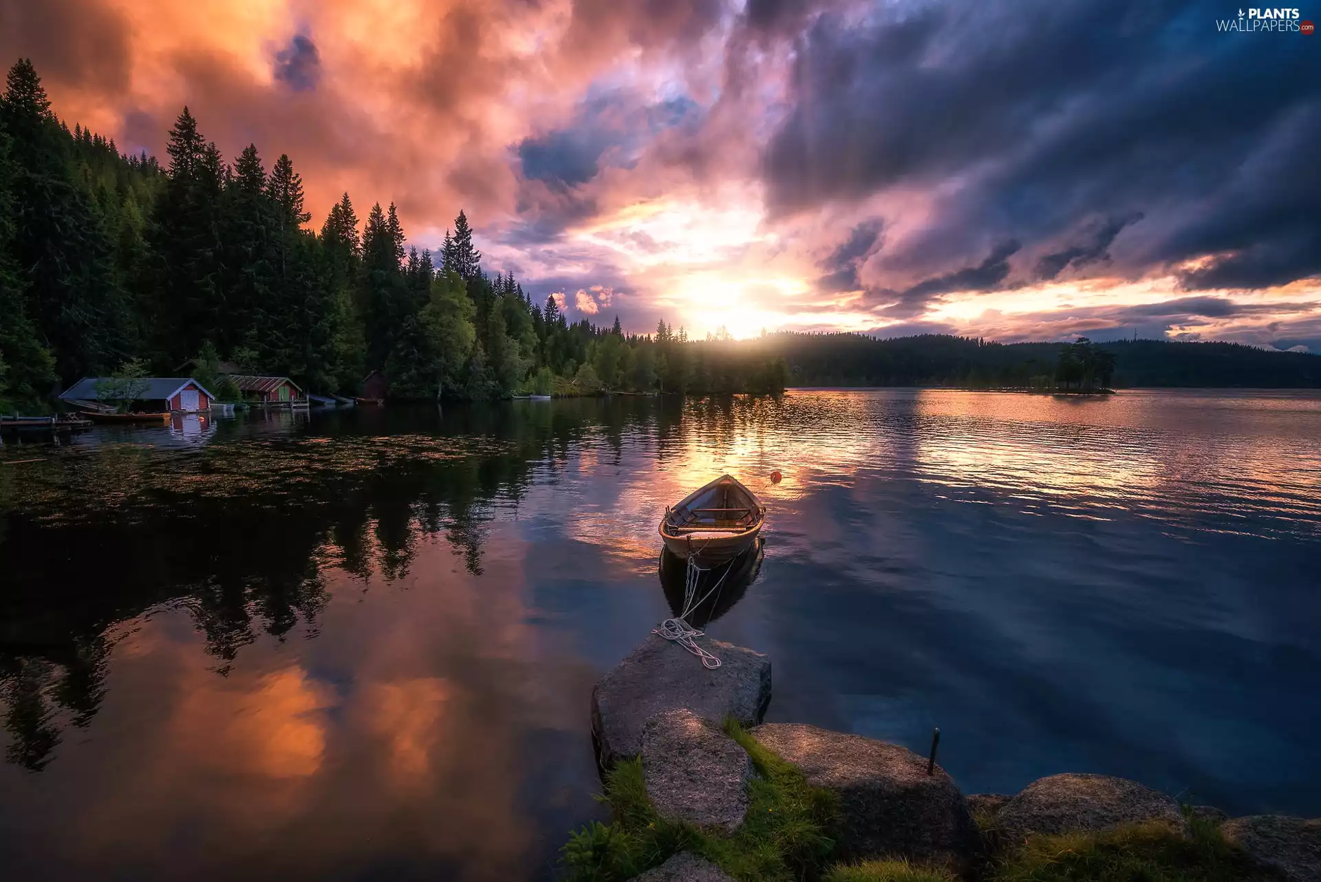 Lake Øyangen, Great Sunsets, viewes, Stones, trees, Ringerike, Norway, Houses