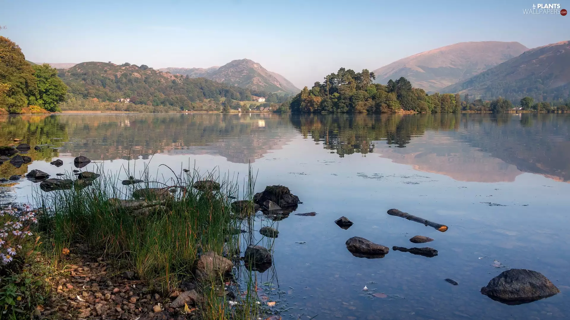Houses, Mountains, viewes, Stones, lake, trees, Plants