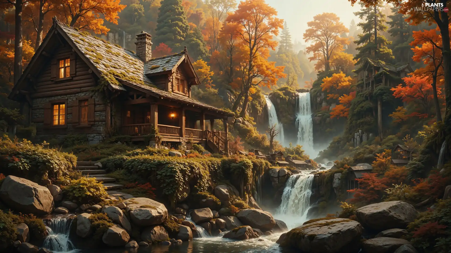 trees, viewes, waterfall, autumn, flux, veranda, house, Stones