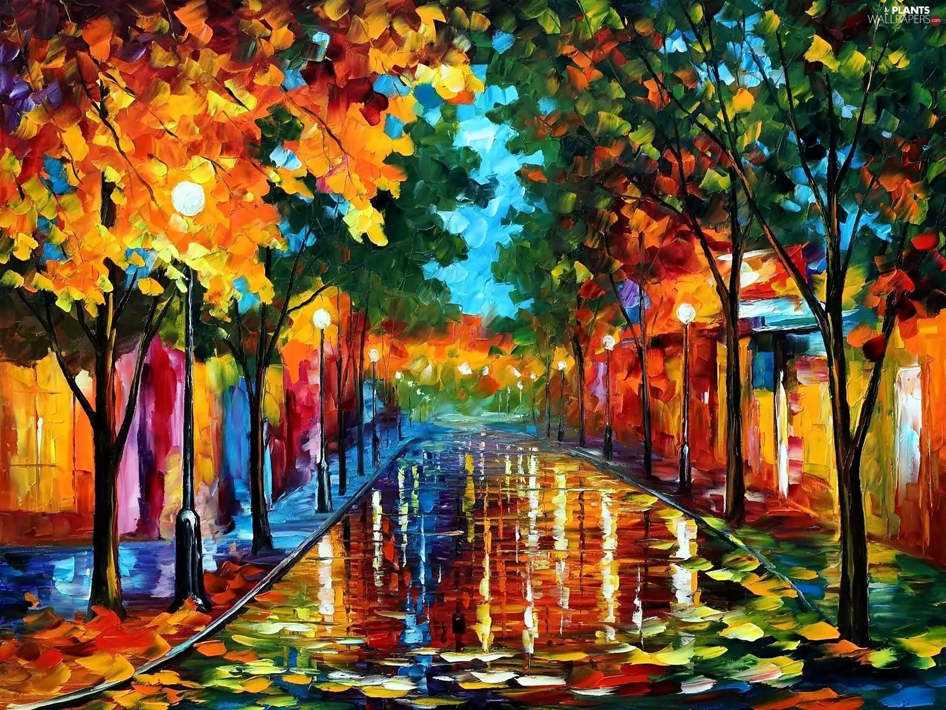 Rain, Afremov, viewes, Street, Leonid, trees, Houses