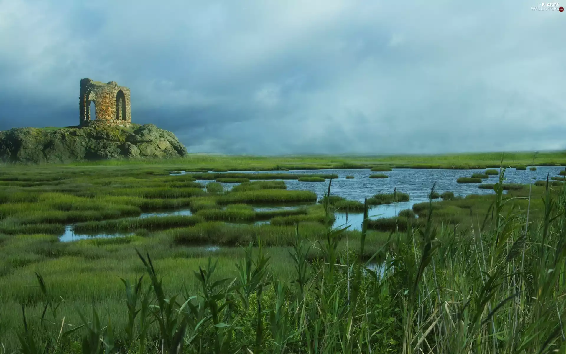 grass, River, ruins, structures, Rocks, Clumps