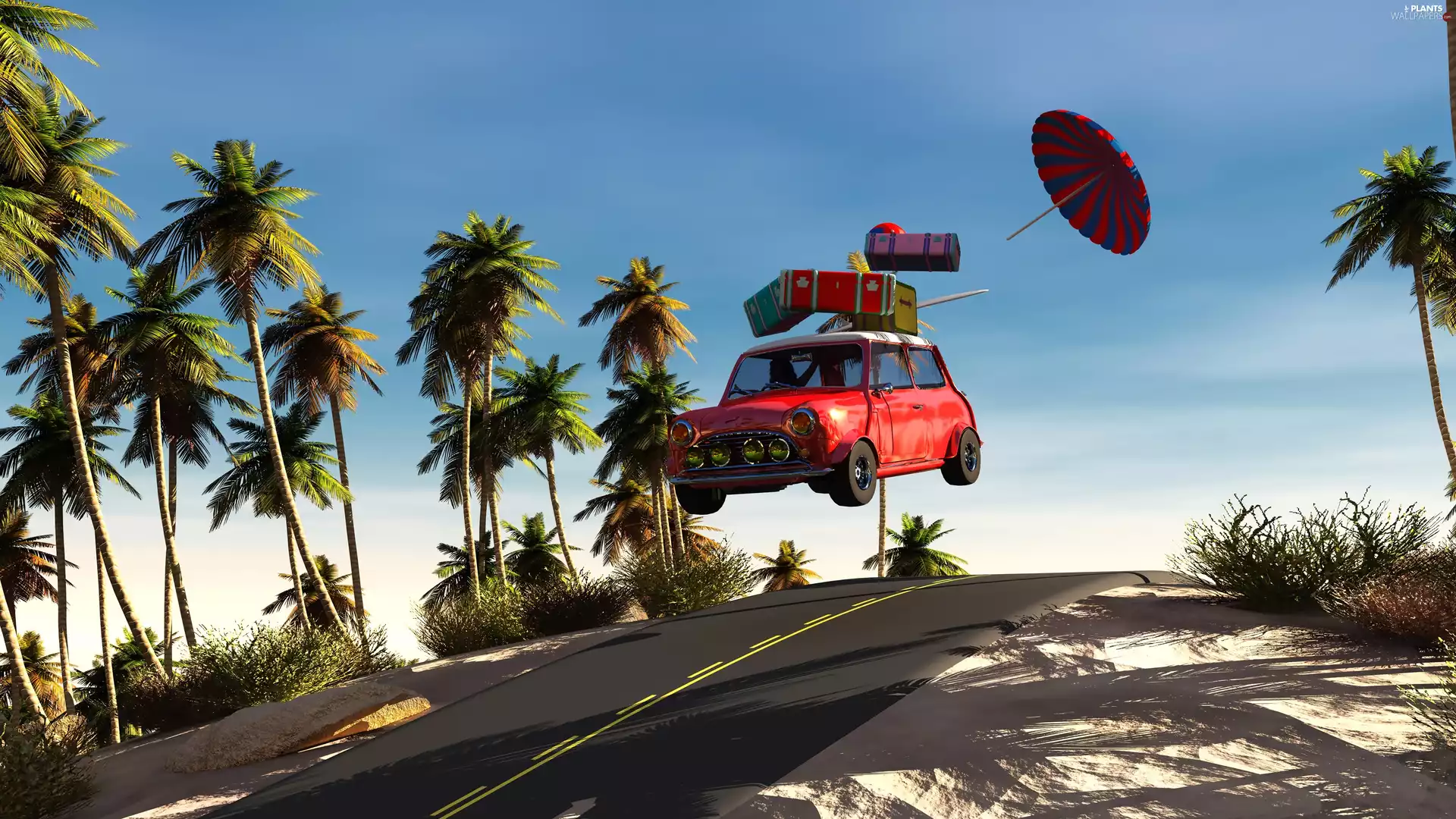 Red, 2D Graphics, suitcase, holiday, Automobile, Palms