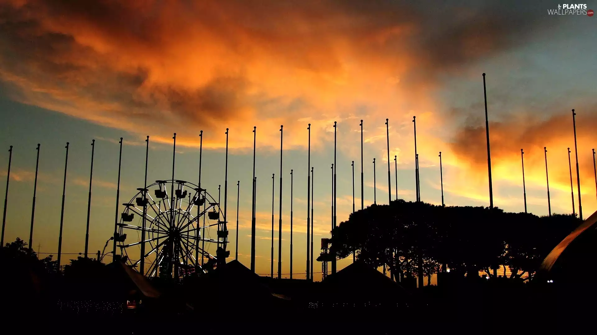 trees, west, diabolic, sun, clouds, viewes, Windmill