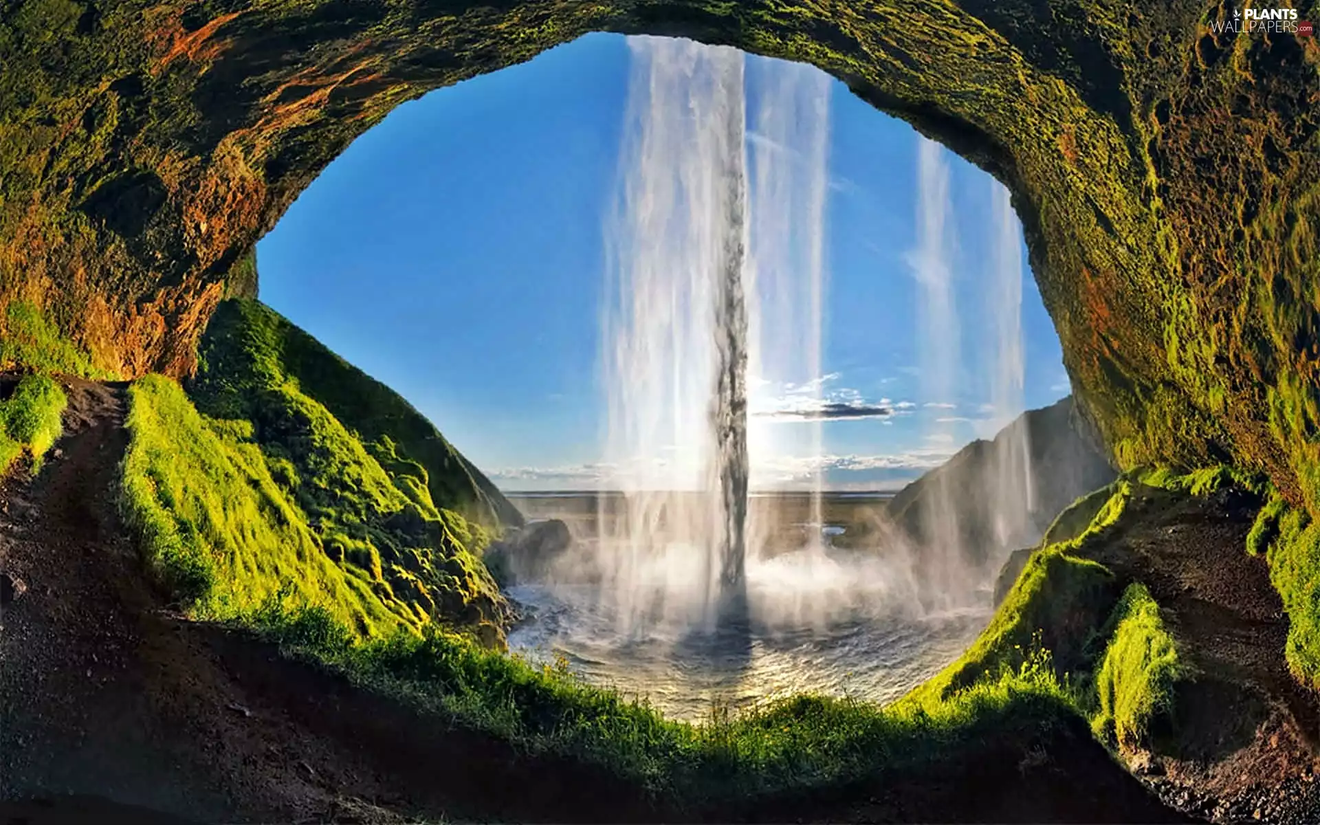 sun, Seljalandsfoss, cave, luminosity, mosses, waterfall, rocks, shadow, flash, ligh