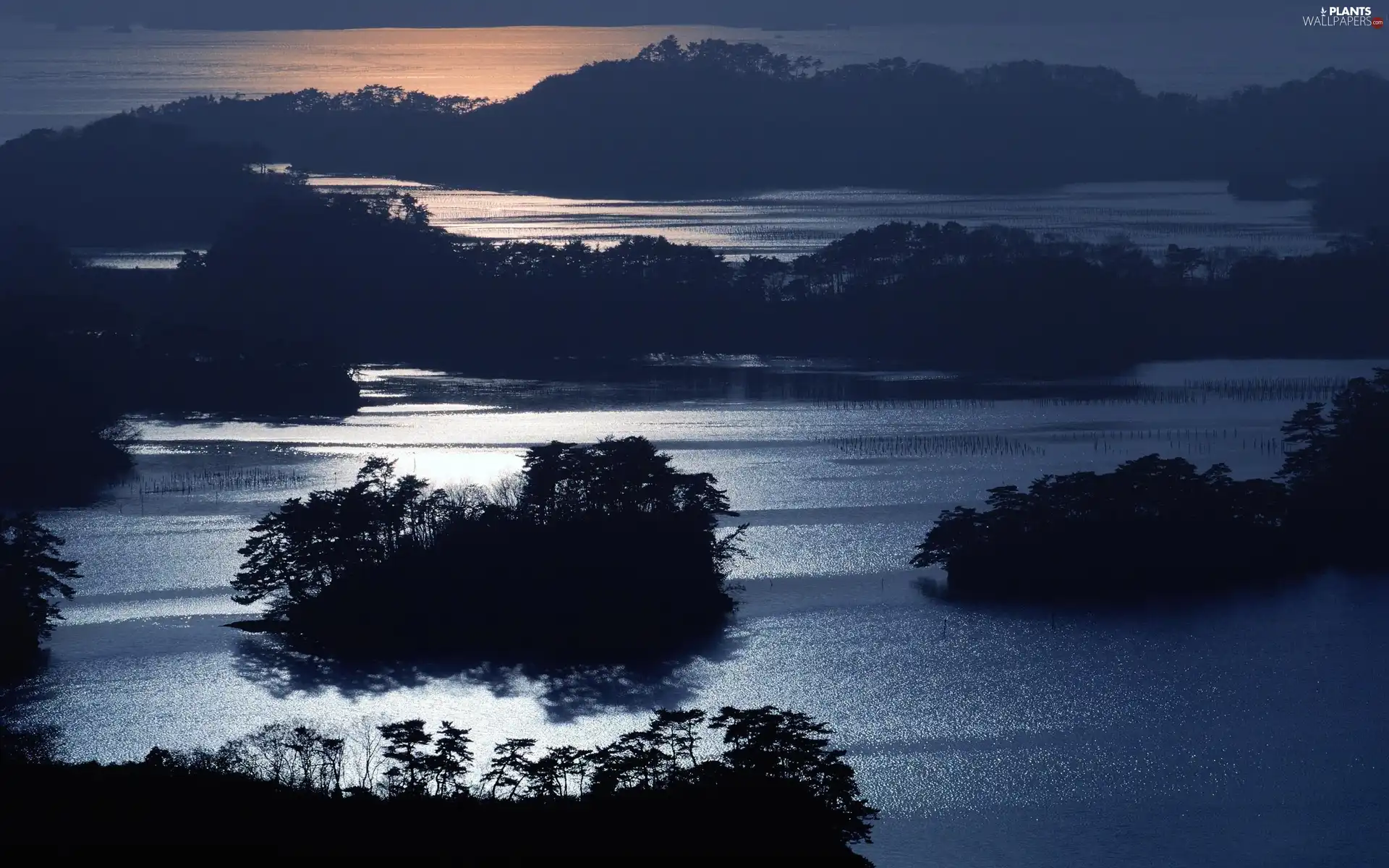 lake, west, sun, Islets