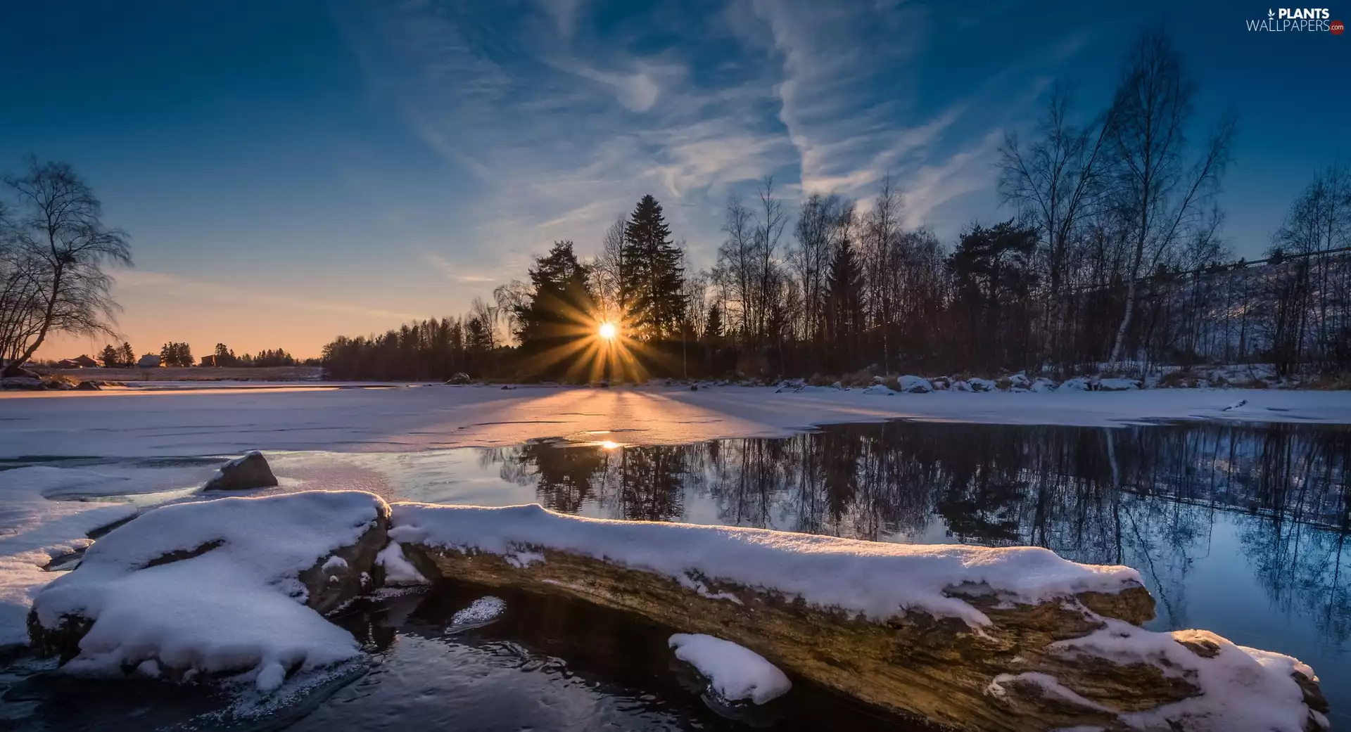 Lempäälä Municipality, Finland, winter, snow, rays of the Sun, Great Sunsets, trees, viewes, River
