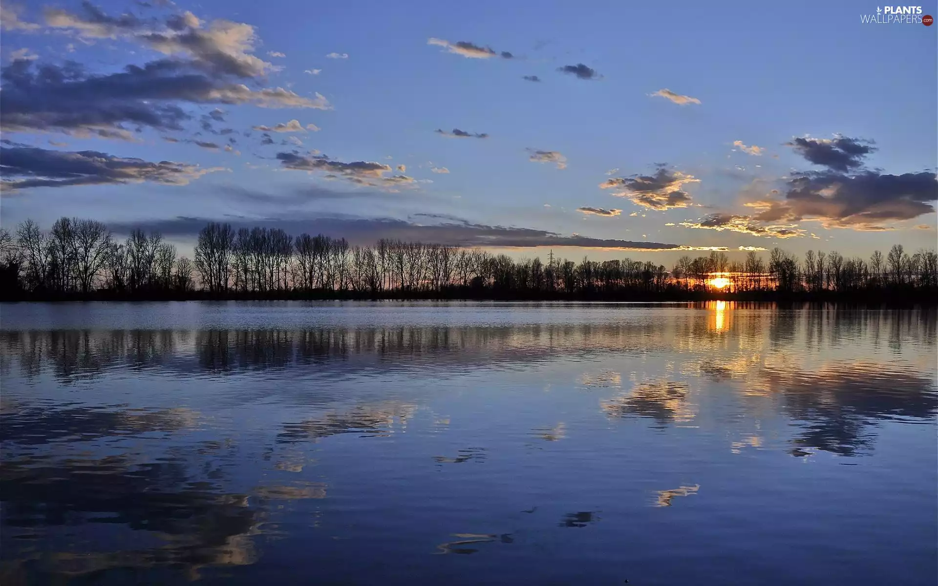 viewes, lake, west, sun, clouds, trees