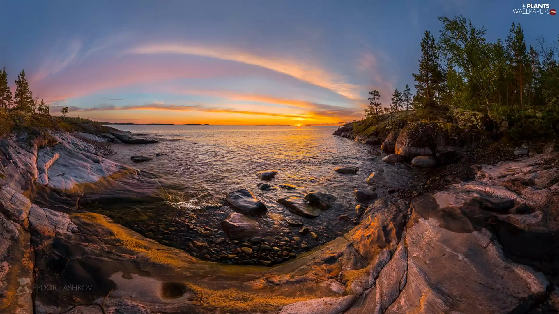 viewes, Sunrise, rocks, trees, lake