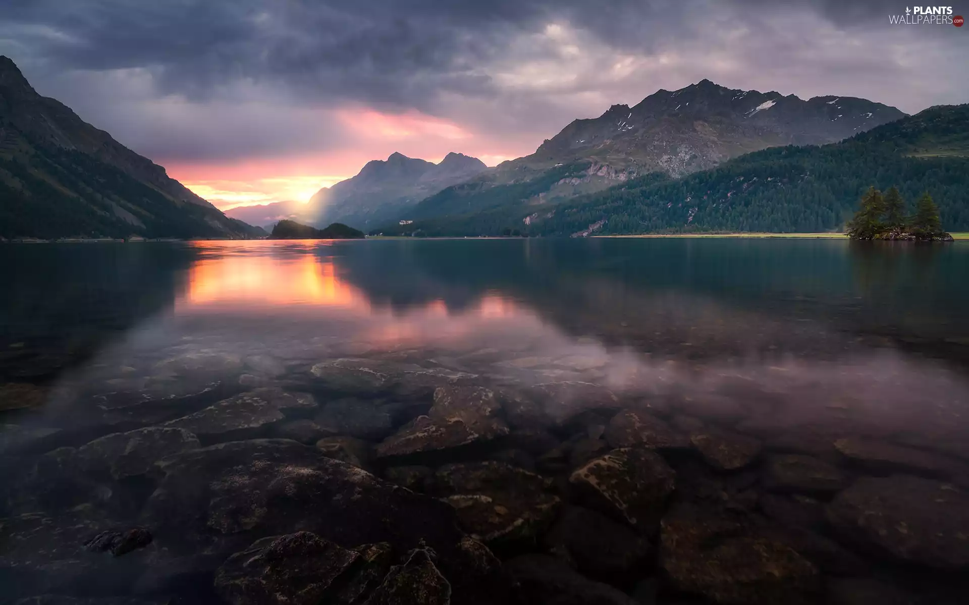 Stones, trees, Switzerland, viewes, clouds, lake, Mountains, Sunrise