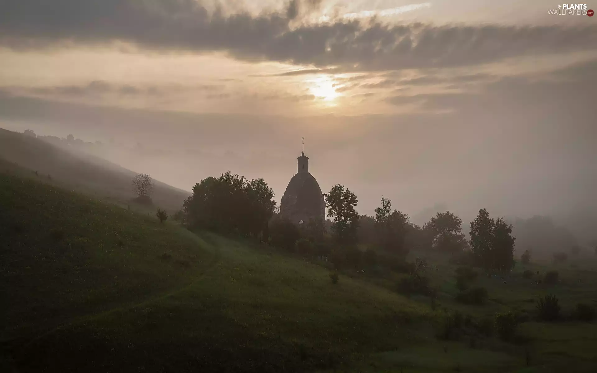 Fog, dawn, trees, Sunrise, morning, chapel, viewes