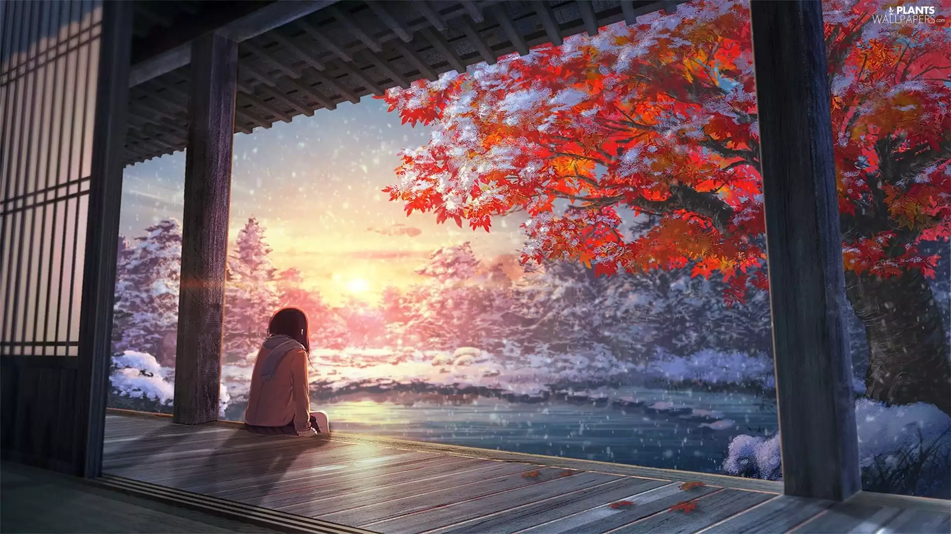winter, girl, trees, Platform, Manga Anime, snow, Sunrise