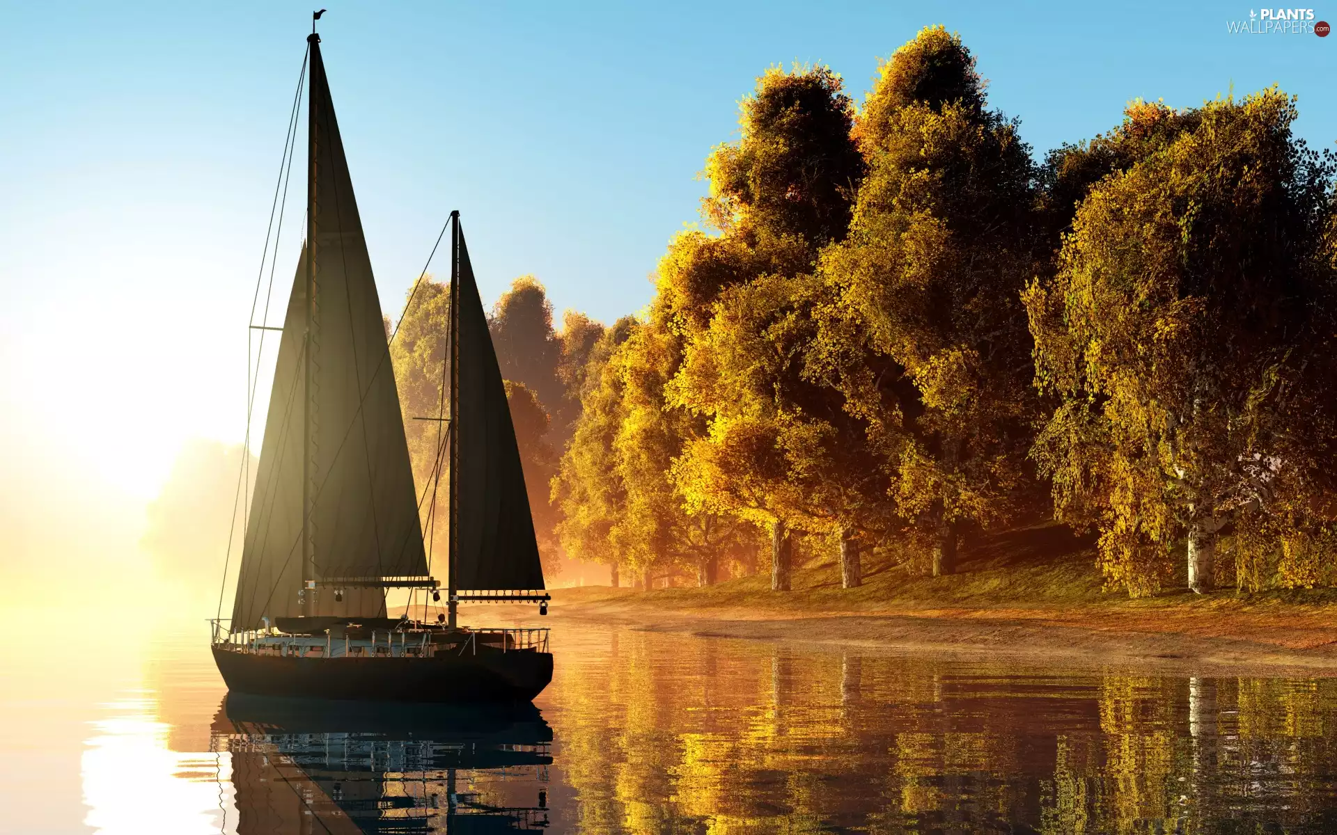 lake, autumn, viewes, Sunrise, trees, Yacht