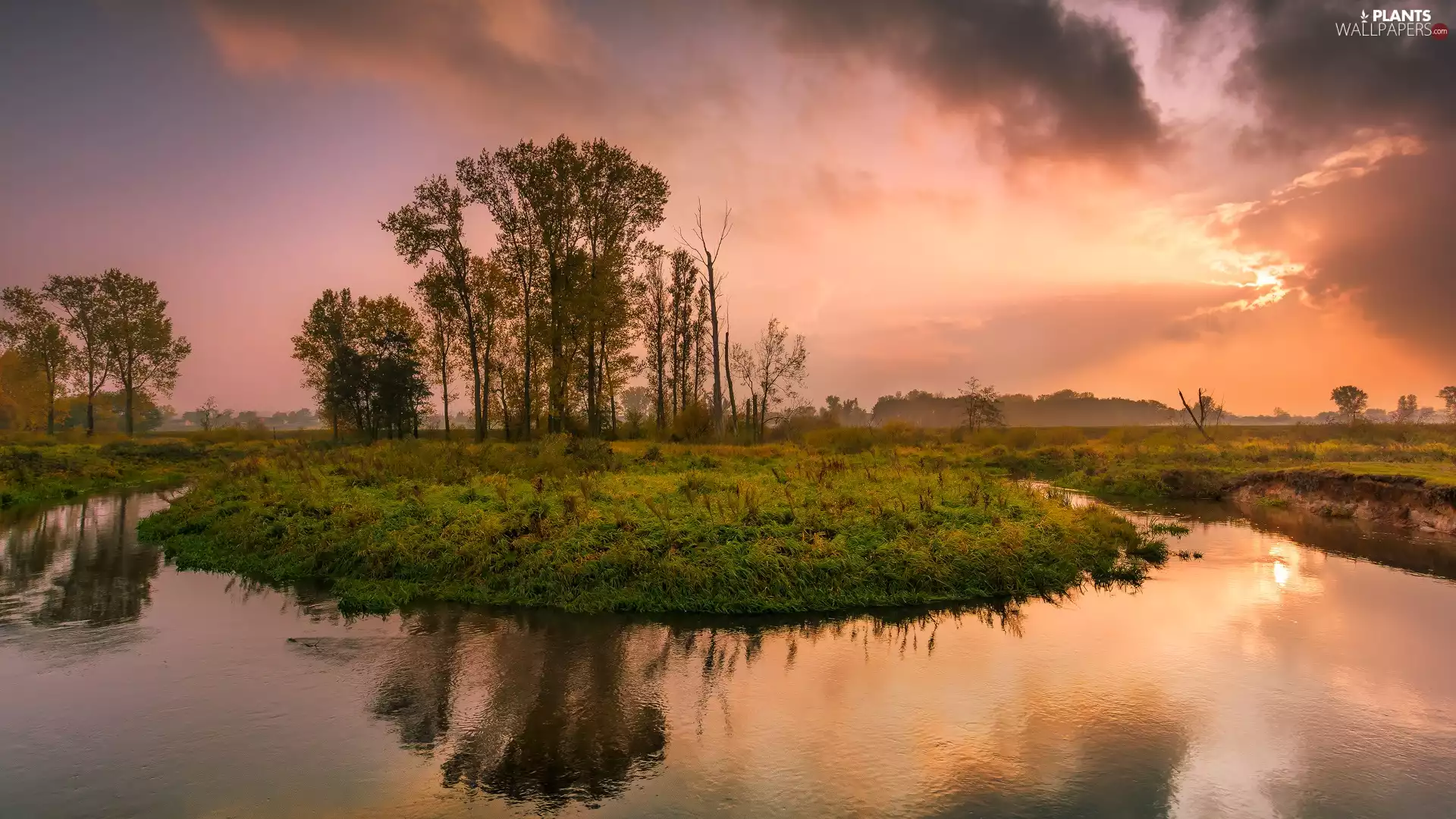 trees, curve, Great Sunsets, clouds, viewes, River