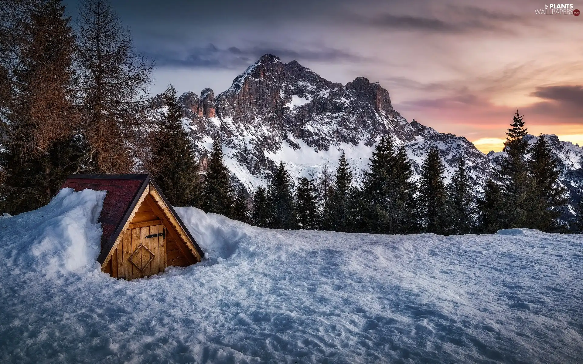 cottage, Mountains, viewes, Wooden, winter, trees, Great Sunsets