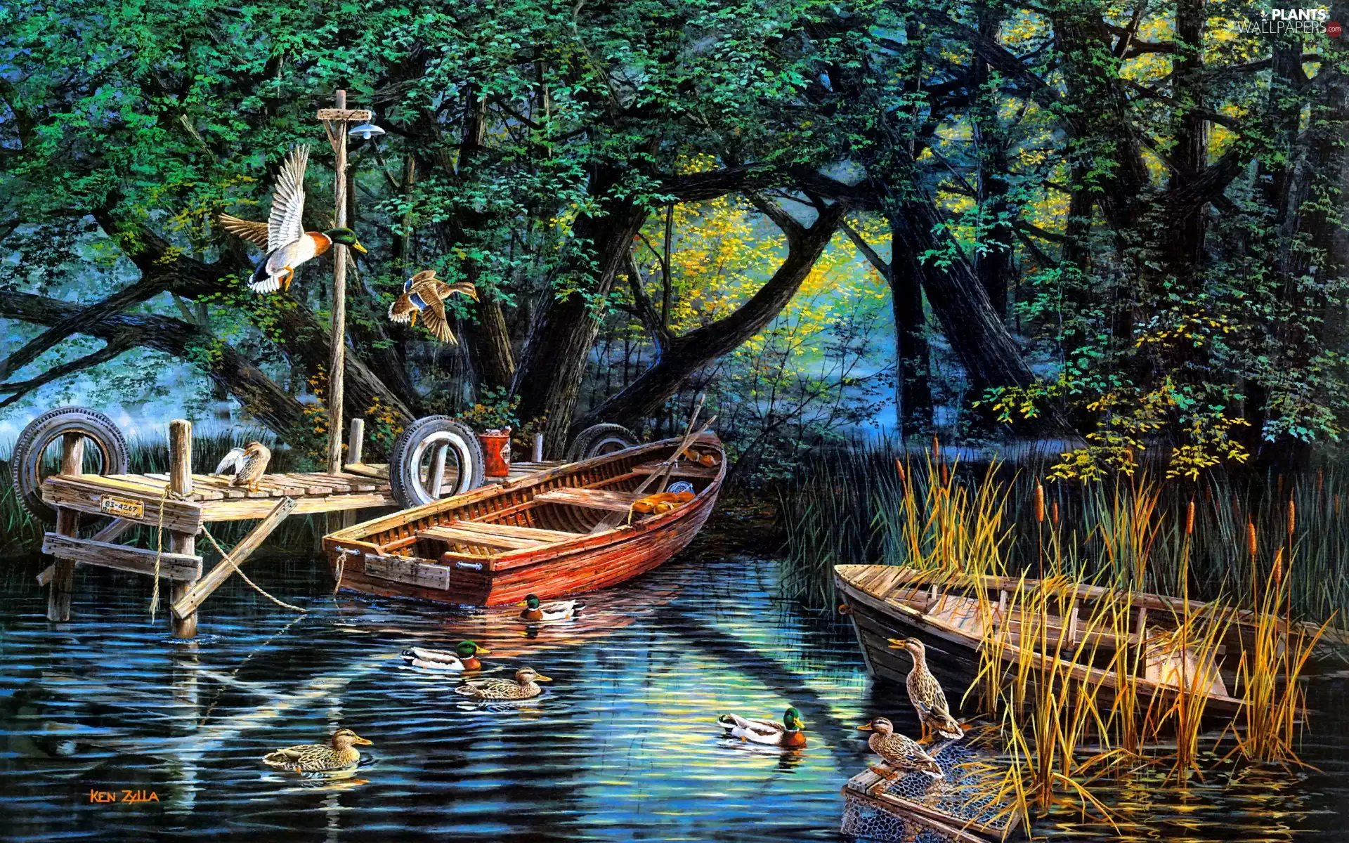 Ken Zylla, painting, lake, Platform, ducks, sweet flag, trees, viewes, boats