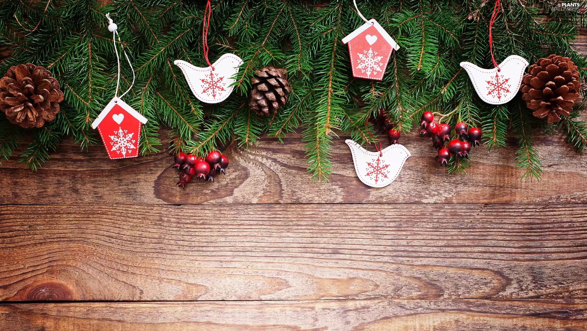 Christmas, Twigs, Birds on the log, Swierk, pendants, Christmas, composition, cones