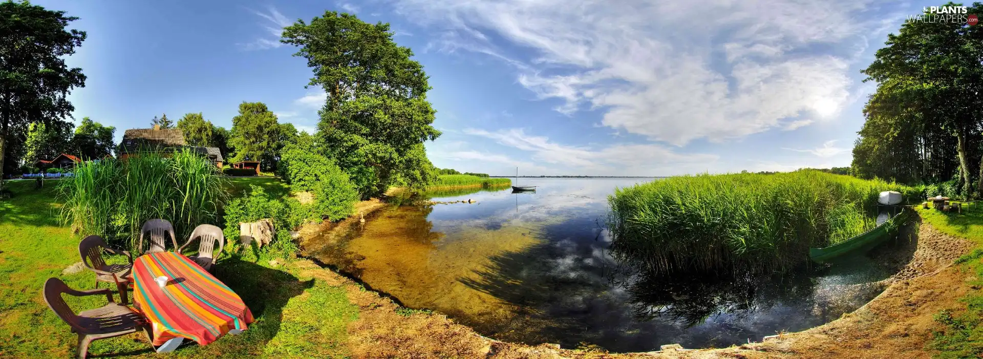 Table, Stools, trees, viewes, lake