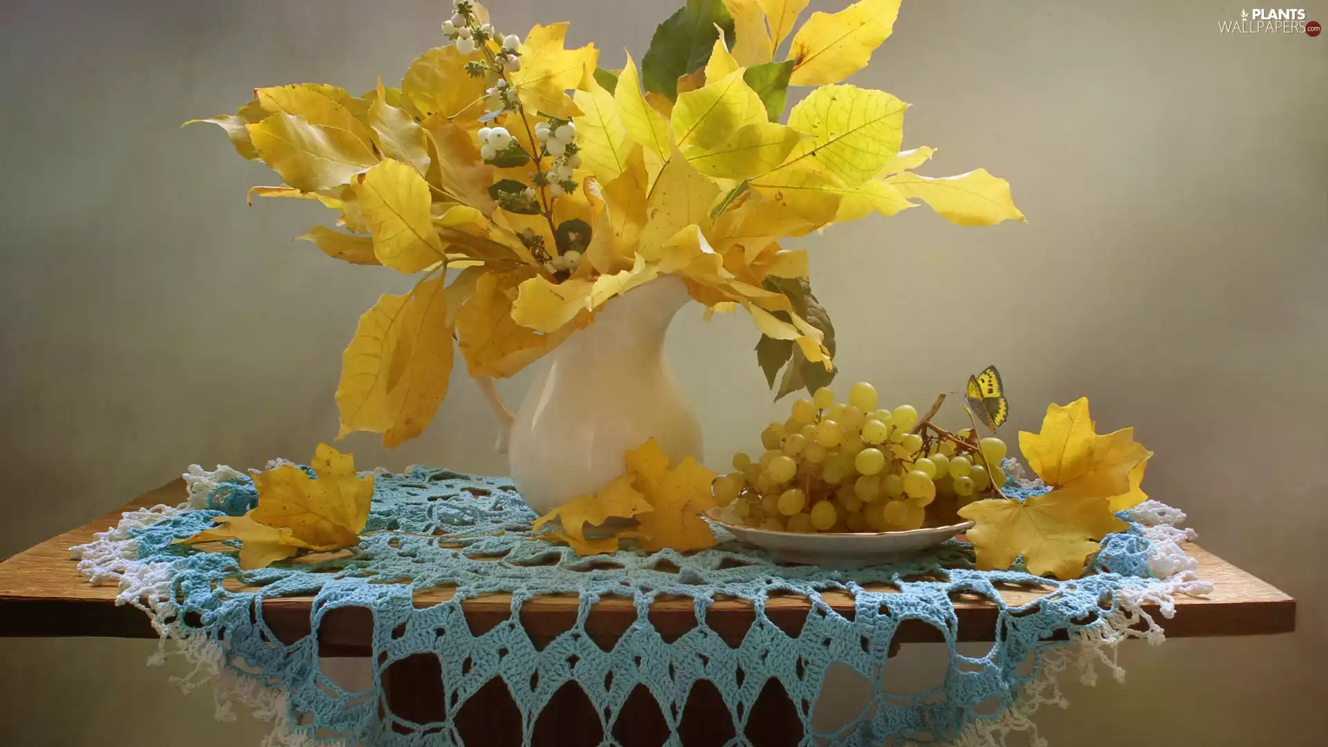 tablecloth, Table, Vase, Yellow, butterfly, composition, Grapes, plate, Leaf
