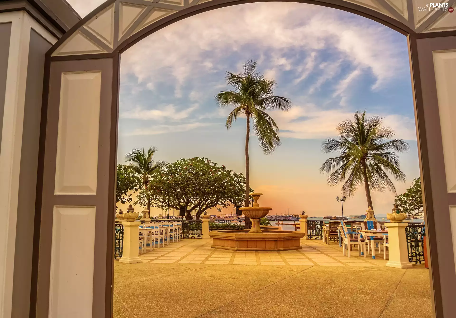 Restaurant, Palms, fountain, terrace