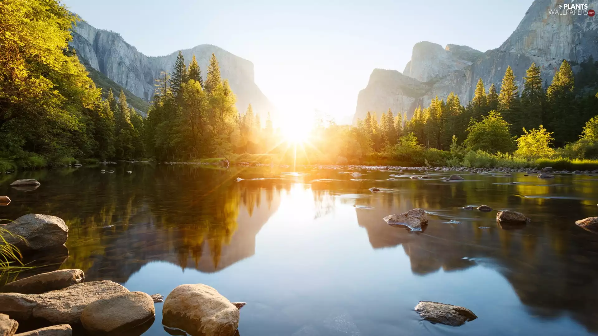 Mountains, Yosemite National Park, Merced River, Stones, California, The United States, trees, viewes, Sunrise