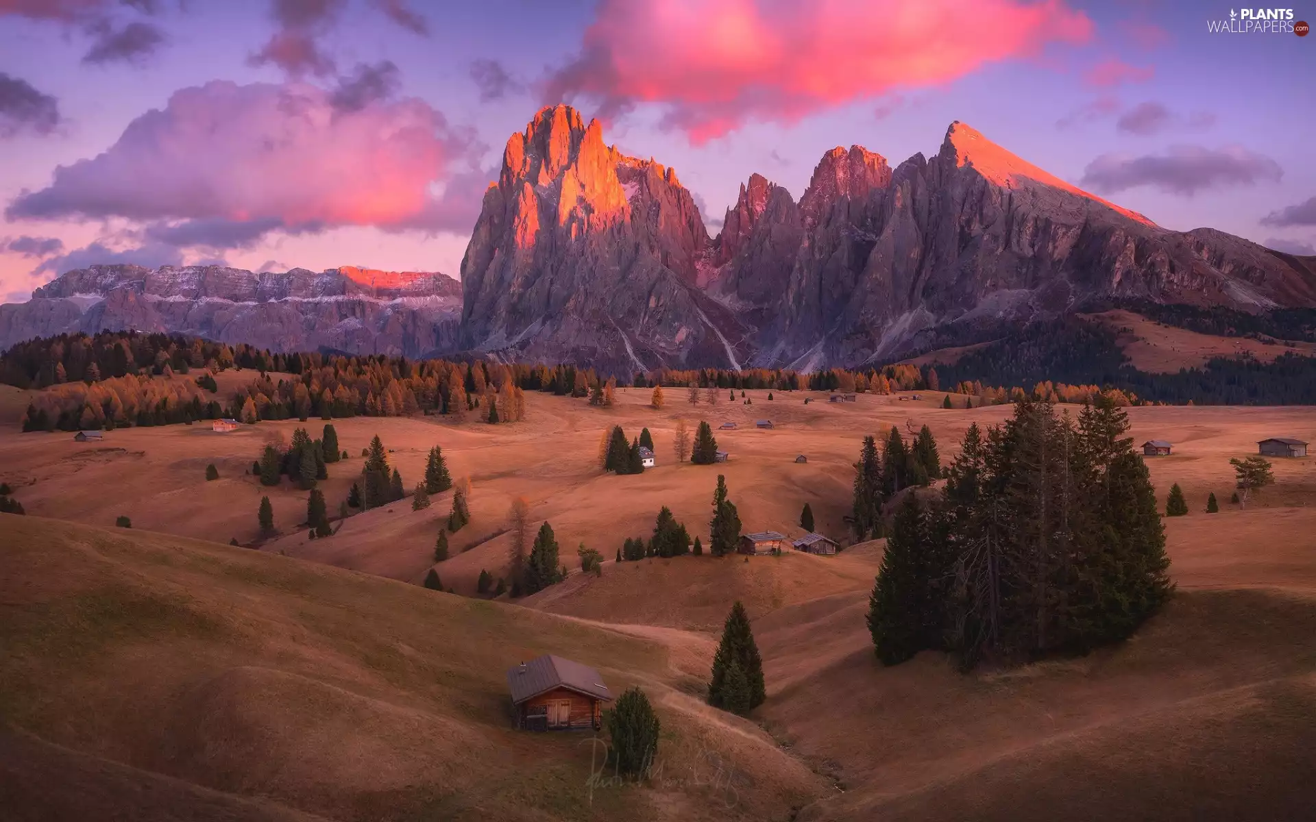 trees, Dolomites, Val Gardena Valley, clouds, The Hills, Sassolungo Mountains, Seiser Alm Meadow, Italy, viewes, Houses