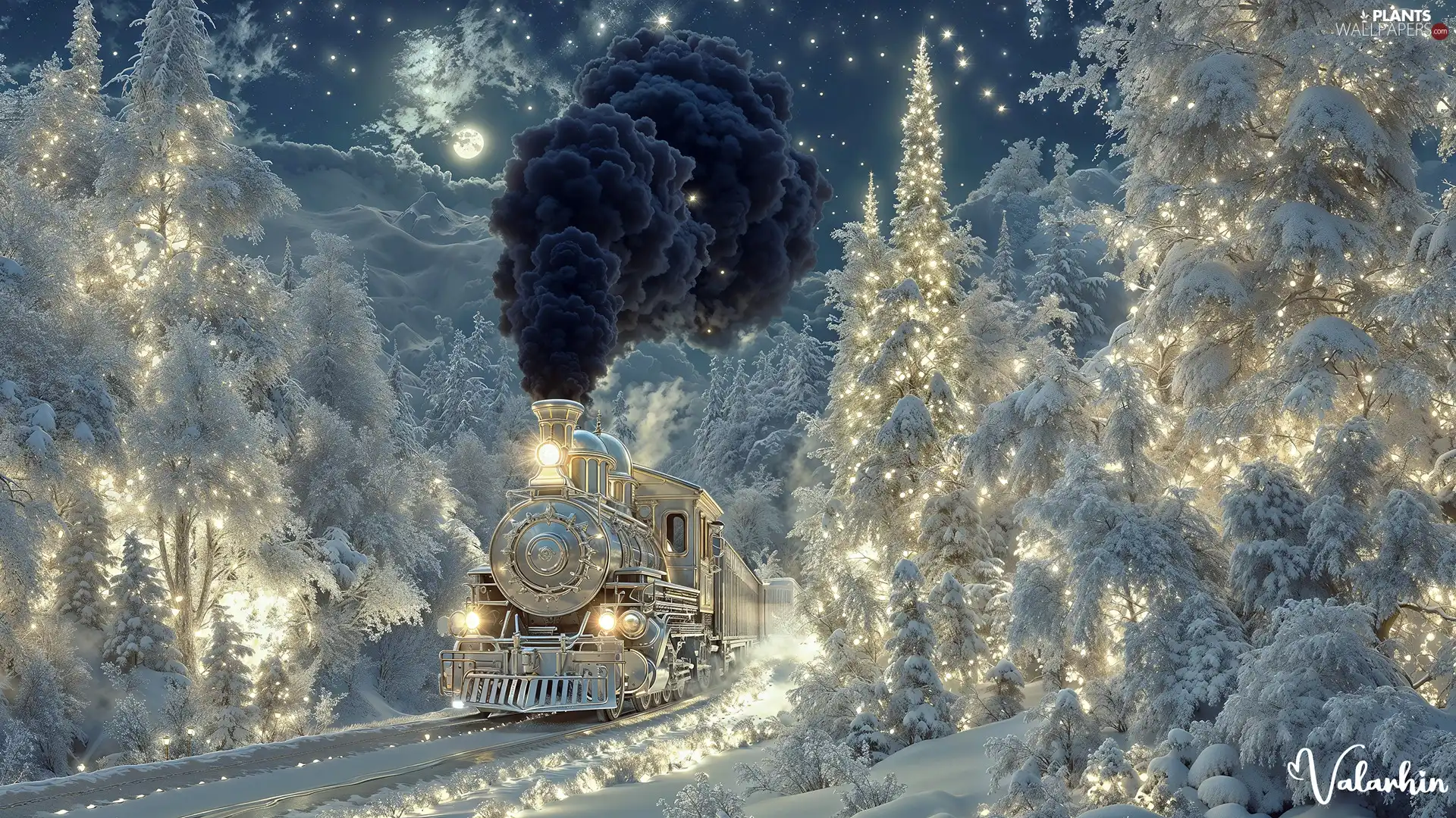viewes, winter, steam, locomotive, smoke, moon, Train, trees, Snowy, ##, Black