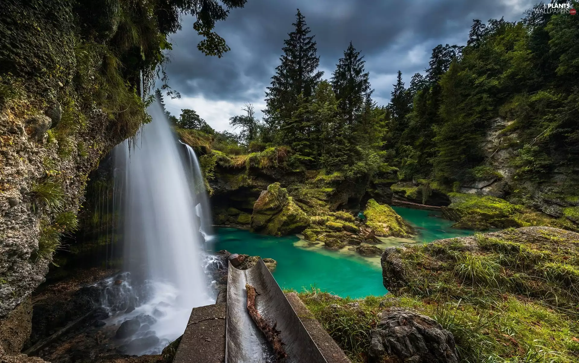Traunfall Waterfall, rocks, viewes, mossy, trees, Traun River, Austria, Stones