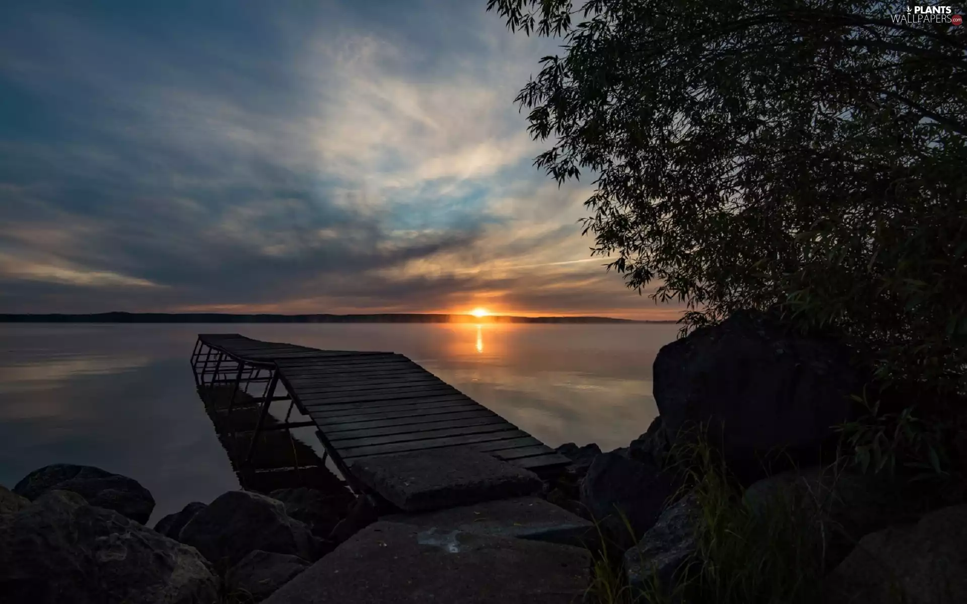 lake, west, Stones, Tree Jetty, Platform, sun