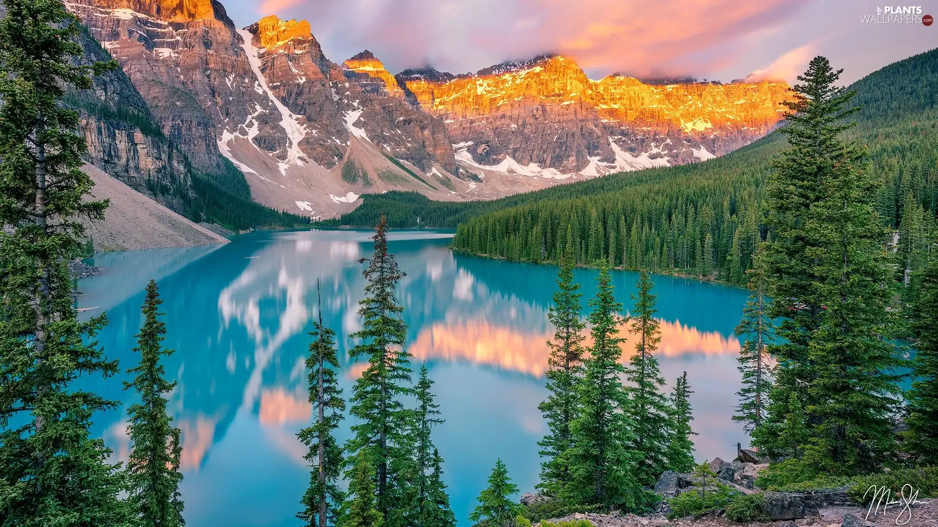 Province of Alberta, Canada, Banff National Park, illuminated, trees, viewes, Mountains, Lake Moraine, peaks