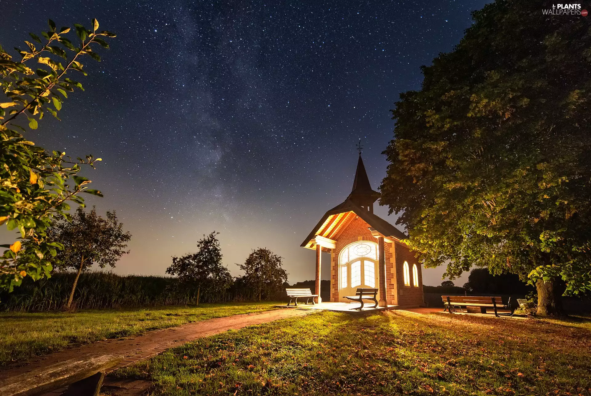 Night, star, bench, Way, viewes, chapel, illuminated, trees