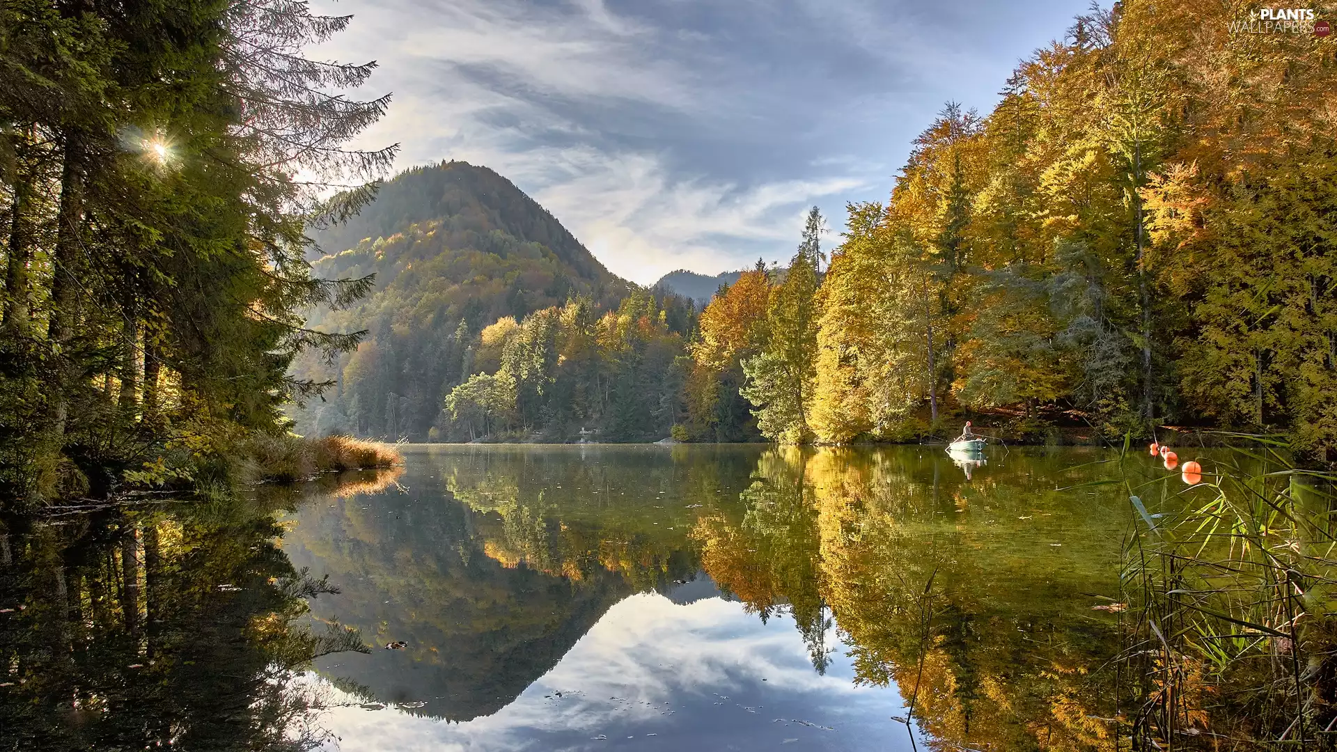 trees, Mountains, viewes, forest, autumn, reflection, Boat, clouds, lake