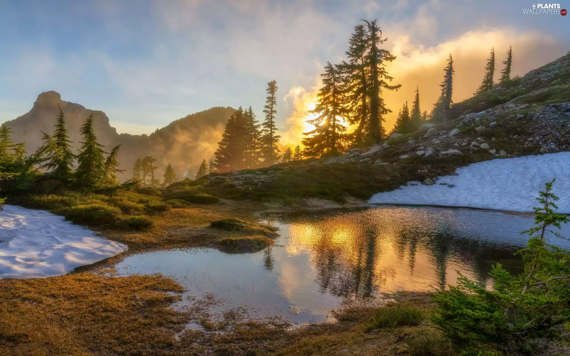 trees, viewes, Great Sunsets, Mountains, clouds, snow, Pond - car, Stones